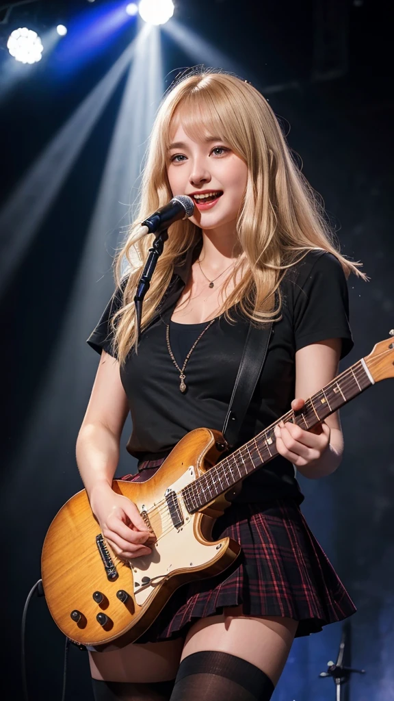 ((best quality)), photorealistic, photorealism, Photorealistic, high resolution, school girl blazer、 black t shirt、Red checked knee-length skirt、Long skirt、JK Style、Jacket、smile、Knee-high socks、Thigh-high socks、pantyhose、A superb beauty、Super cute、ennui、Rare beauty、short hair、Black Dark Eyeshadow、Sad、white skin、pale skin, short hair straightener、Dark Gothic Makeup、Cute Smile、Fragrant beauty、Stained glass background、Mastepiece、Best Quality、Refers to 5 books、Sweat glistening on my chest、Sweat glistening on my face、Small breasts、Blonde hair、Age 20 years old、Mysterious look、A sad expression、Blonde Hair、mysterious gothic church、enchanting castle、Sweating profusely all over the body、A lot of sweat and light on the thighs、Shiny thighs、Plenty of sweat glistening on the thighs、A large amount of sweat glistens on my thighs、Sweating profusely、Gal、Medium breasts、beautiful face、Alluring expression、Thin thighs、Playing electric guitar、I have an electric guitar、Sing a song enthusiastically、Playing guitar in a band、Playing guitar chords、Live House Background、Sing a song、Open your mouth、Live house scenery、Mike stand、Glamorous live stage、Dynamic Angle、cinematic lighting