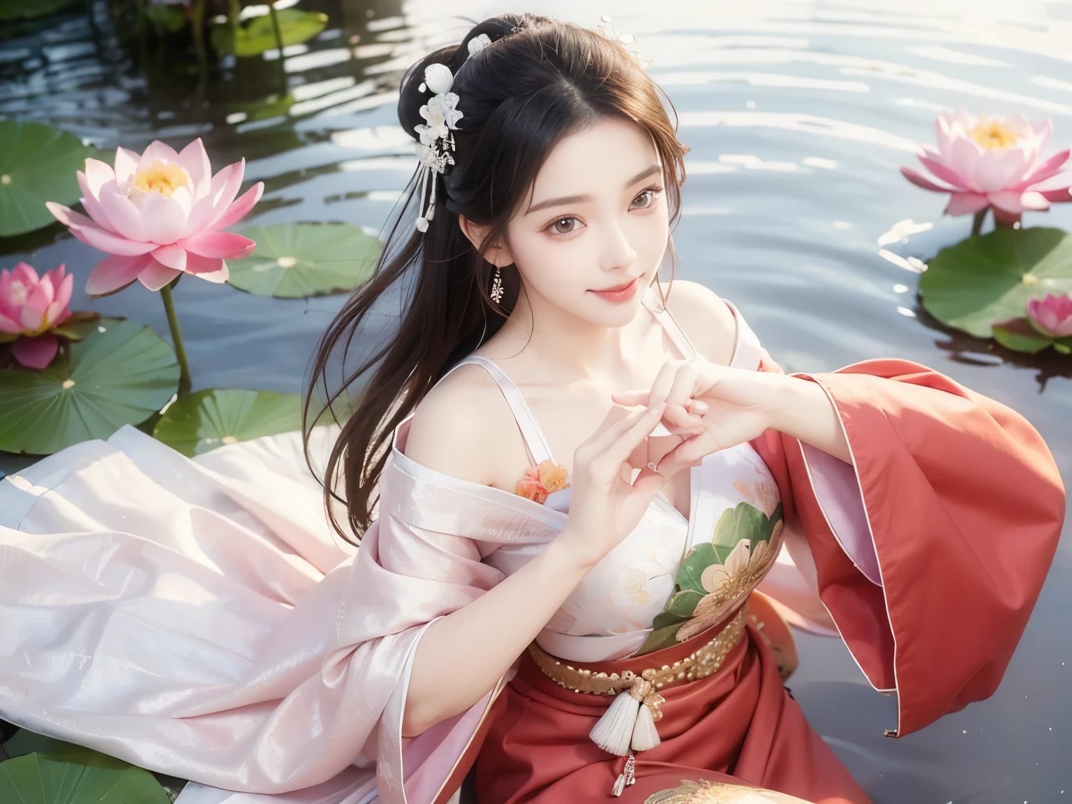 arafed woman in a pink dress playing a flute in a garden, palace ， a girl in hanfu, pink lotus queen, hanfu, standing gracefully upon a lotus, white hanfu, chinese costume, chinese style, lotus floral crown girl, traditional chinese clothing, traditional chinese, oriental fantasy, chinese fantasy, sha xi, with acient chinese clothes