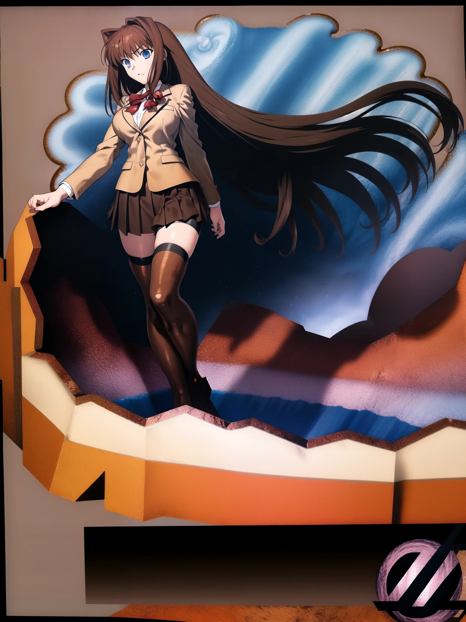 BREAK, centered. BREAK, (EMPTY BACKGROUND), BREAK (masterpiece:1), best quality, high resolution, 8k, illustration, (beautiful detailed eyes:1.5), extremely detailed face, extremely detailed body, CG, perfect hands, perfect anatomy, (((1girl))), ((solo)), (((bbaoko))), ((2 legs max)), ((2 feet max:1.6)), ((swirling vortex shaped longest brown hair:1.5)), (brown longest hair with slightly reddish undertone:1.6), (lush luscious longest brown hair:1.6), (very long voluminous longest brown hair:1.5), serious, blue eyes, red bowtie, (Form-fitting beige blazer:1.5), brown jacket, (highly detailed beautiful face:1.2), (white shirt:1), (well shaped large breasts:1.6), (nice hips:1), (((Umber pleated thigh-high skirt:1.6))), (((black bike shorts:1.4))), (toned thighs:1.6), (jetblack thighhighs:1.6), (strap shoes brown color), (facing front:1.5), ((standing straight:1.5)), ((Fullbody in frame:1.6)), ((Full body:1.5)), ((takeuchi takashi:1.3))