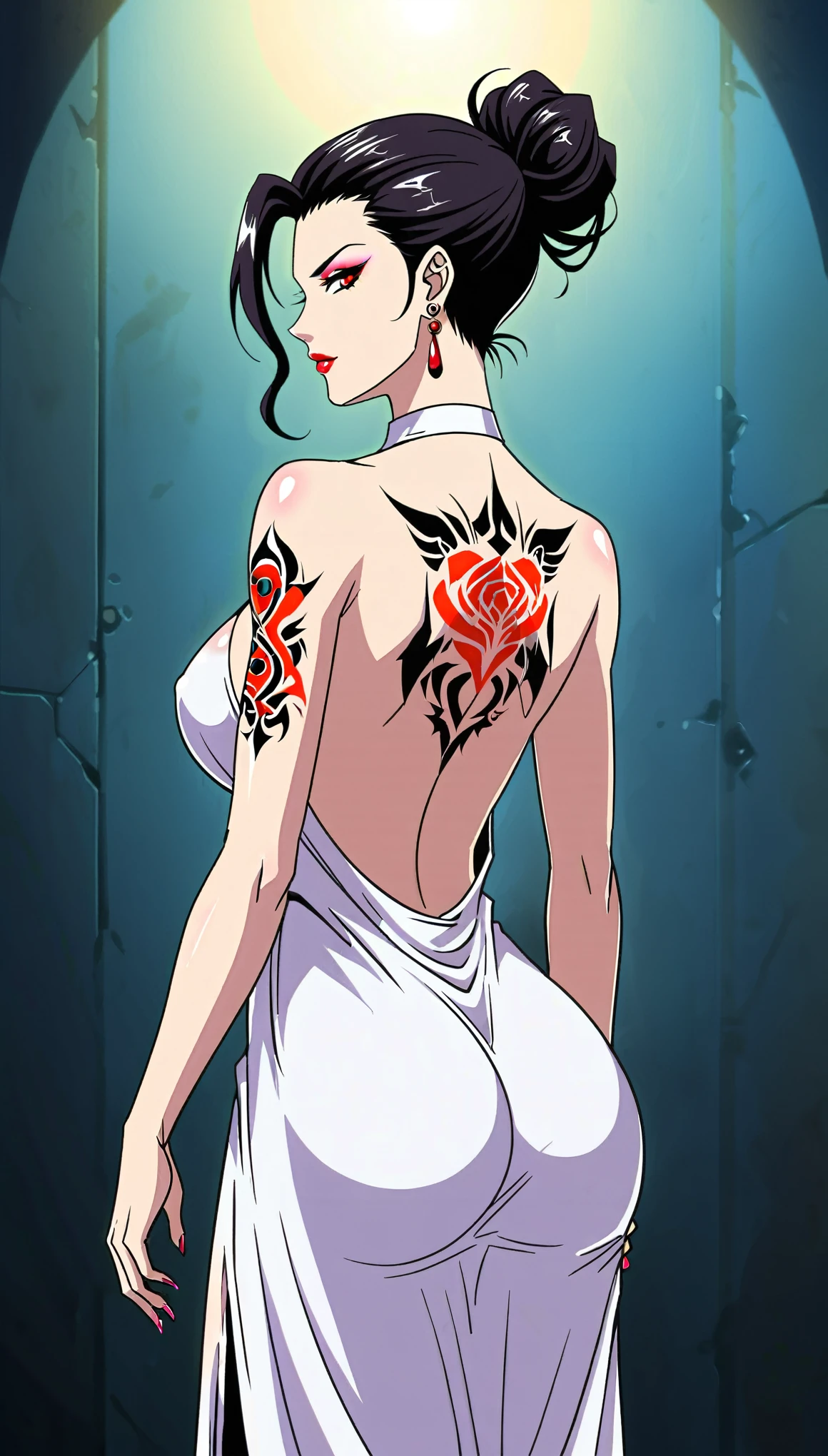 in style of Harry Bertoia, Girl with grim angry expression,Black Hair,Red Eye,Shot from behind,(yakuza Tattoo Show,detail tattoo:1.8),very detail,,Vintage,Bare back,Bare shoulders,curvy,poseing,1990s \(style\),(insanely detailed and intricate, hypermaximalist, elegant, ornate, hyper realistic, super detailed:1.1),Black sequined dress, Stylish hairstyle, Exquisite jewelry, Huge and unique hat, very detailed shading