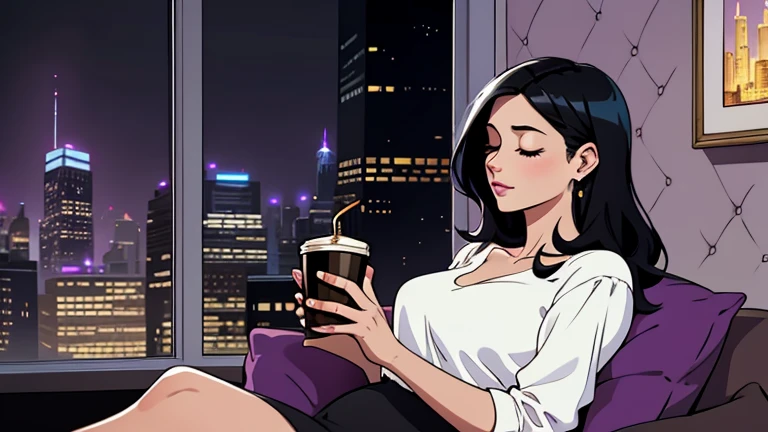 Beautiful woman in her 30s with black hair is sitting on the sofa holding starbucks coffee. Looking down, eyes closed, LOFI girl, alone in the room, V-neck white blouse, cozy wallpaper, big cushion, bookshelf, relaxing mood, night core, cozy, wide glass window with skyscrapers, outside view at night, only five fingers, purple wall,
