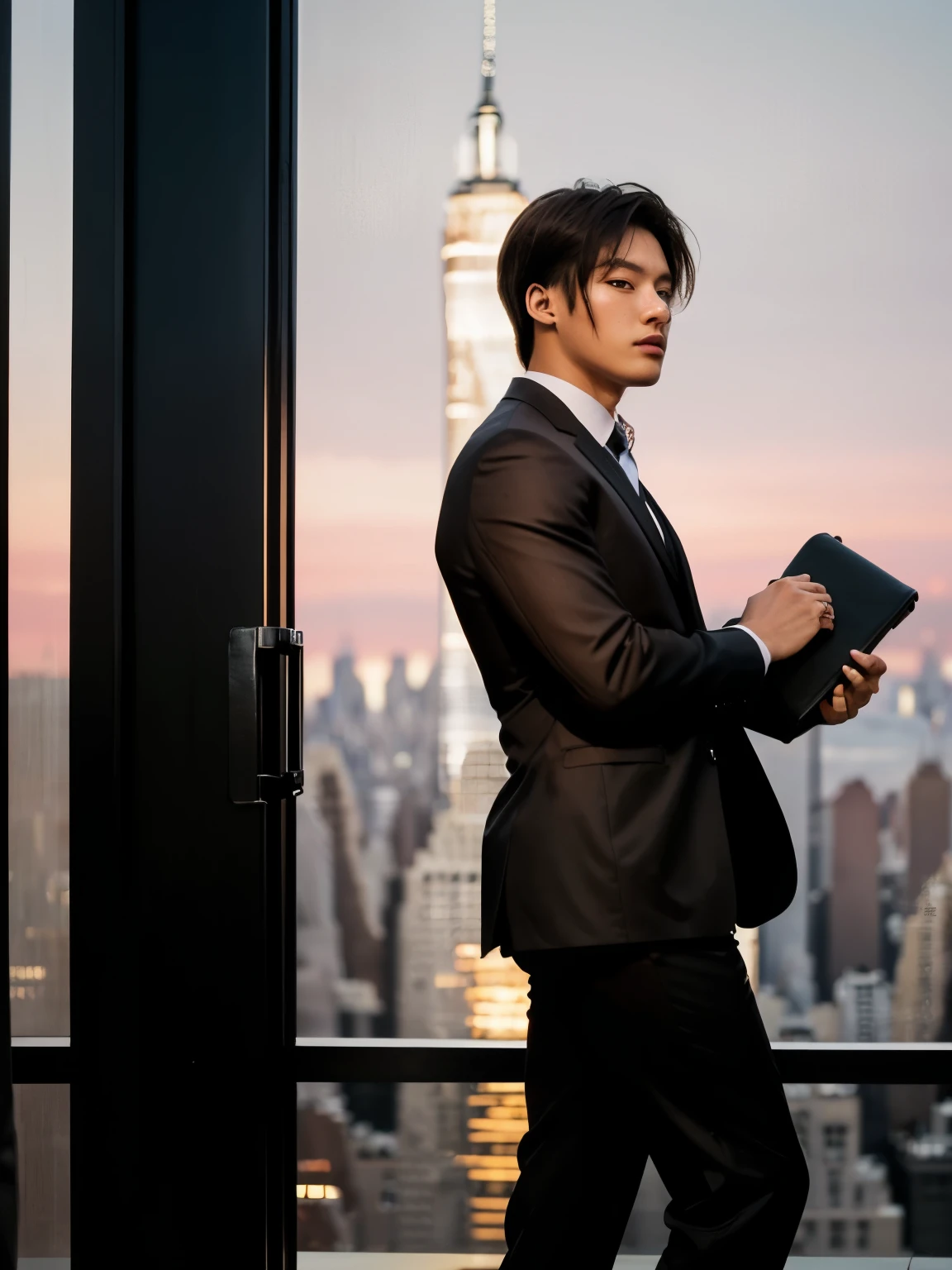 Fashion Photography, Natural light, (Soft Light:1.4), Highly detailed skin, Depth of written boundary, Dynamic Angle, Long Shot, break, 1 person, alone, 21 years old, 21yo, (Brown Hair, Brown eyes, Korean:1.4), Young and handsome men, Are standing, pose for magazine, (View the viewer:1.4), break, wear (business suit, Business jacket, Business Pants:1.2), Elegant Watches, belt, break, (Carry a black briefcase:1.4), break, (New York cityscape in the background:1.4), (Evening Dusk:1.6), break, Big muscles