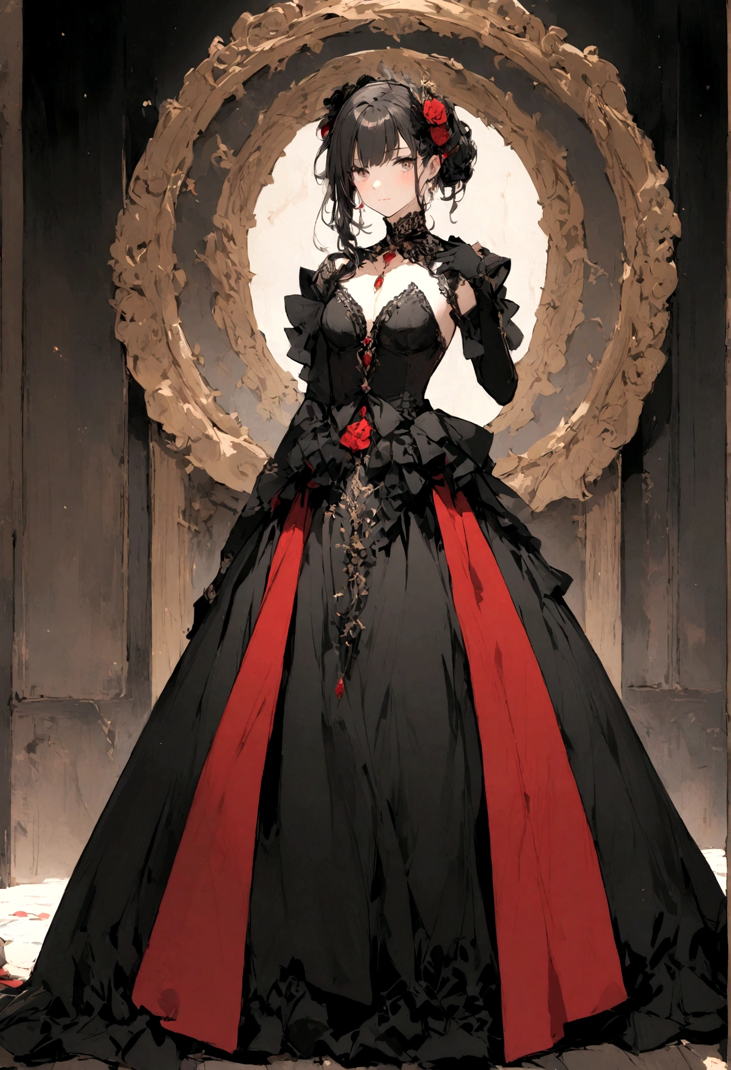 Tight cleavage, fancy ballgown, deep tits, embroidered, dark red, short skirt,