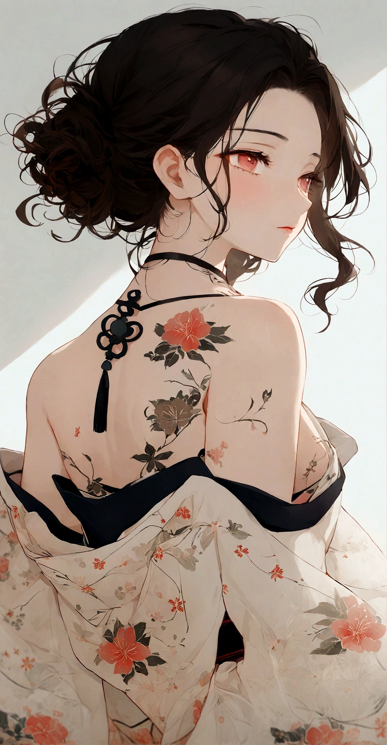 A close-up, evocative portrait of a woman's face wearing a traditional yukata, bathed in the soft glow of a summer night festival. The scene is inspired by traditional Japanese art, with delicate brushstrokes and a focus on light and shadow. Her expression is a blend of joy and tranquility, reflecting the beauty of the moment. The yukata is a soft, muted blue with subtle floral patterns, and her hair is adorned with simple, elegant accessories. The background is a gentle blur of soft colors, creating a sense of serenity. Soft focus, dreamy, ethereal, artistic.