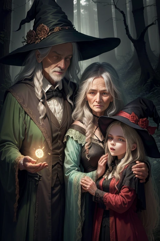 In the forest, A very old witch with a ferocious face, Expressionless young beautiful girl magician, The old witch put her arm around the beautiful magician&#39;s shoulders, With a glowing green lantern, dark Fantasy style art, Dark Fantasy Artwork, 2. 5D CGI anime fantasy artwork, dark fantasy illustration, Dark Fantasy Art, detailed Digital 2D fantasy art, in style of Dark Fantasy Art, Digital 2D fantasy art, Jeff Easley 和 Ross Tran, Fantasy style art, gothic fantasy art