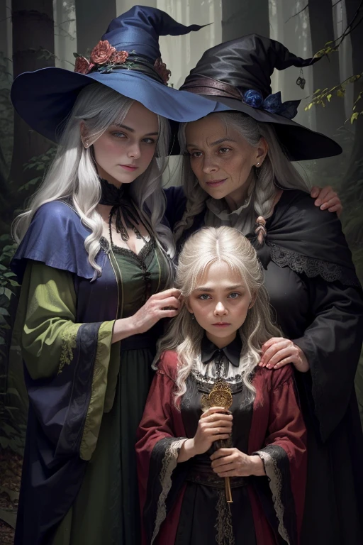 In the forest, A very old witch with a ferocious face, Expressionless young beautiful girl magician, The old witch put her arm around the beautiful magician's shoulders, With a glowing green lantern, dark Fantasy style art, Dark Fantasy Artwork, 2. 5D CGI anime fantasy artwork, dark fantasy illustration, Dark Fantasy Art, detailed Digital 2D fantasy art, in style of Dark Fantasy Art, Digital 2D fantasy art, Jeff Easley 和 Ross Tran, Fantasy style art, gothic fantasy art