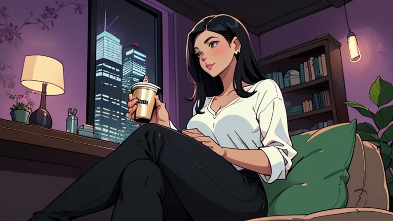 Beautiful woman in her 30s with black hair is sitting on the sofa holding starbucks coffee. Looking down, LOFI girl, alone in the room, V-neck white blouse, cozy wallpaper, big cushion, bookshelf, relaxing mood, night core, cozy, wide glass window with skyscrapers, outside view at night, only five fingers, purple wall,