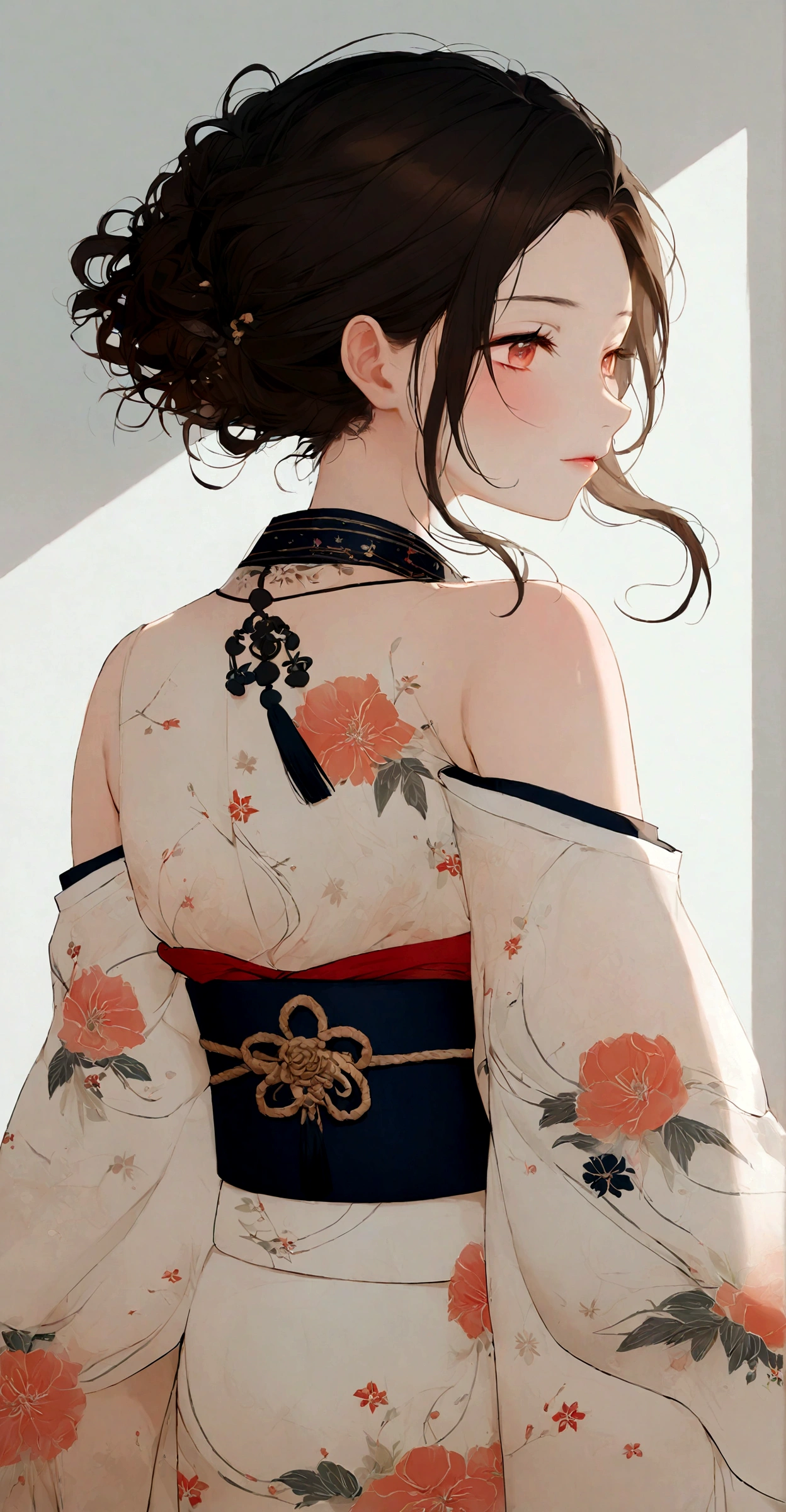 A close-up, evocative portrait of a woman's face wearing a traditional yukata, bathed in the soft glow of a summer night festival. The scene is inspired by traditional Japanese art, with delicate brushstrokes and a focus on light and shadow. Her expression is a blend of joy and tranquility, reflecting the beauty of the moment.  The yukata is a soft, muted blue with subtle floral patterns, and her hair is adorned with simple, elegant accessories. The background is a gentle blur of soft colors, creating a sense of serenity.  Soft focus, dreamy, ethereal, artistic.