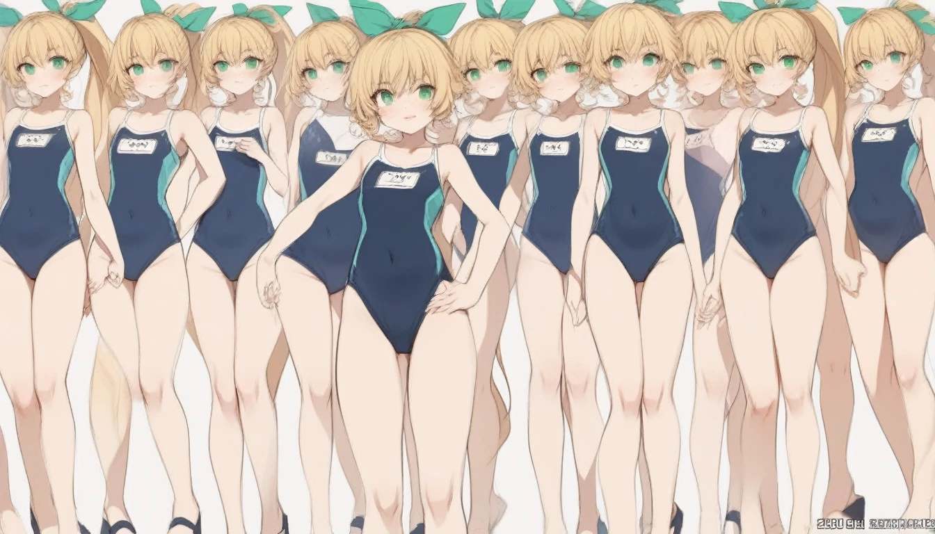 Short stature,flat chest, clone girls, blond hair, green eyes,swimsuit roll(mega man x dive old design) clones,high ponytail hair,Sleeveless navy one piece school swimsuit with white stripes from armpit to flank,white name tag, navy heeled sandals, green ribbon,human appearance,same height,same appearance, same face,fill the entire image, absolutely everyone, many clone, masterpiece, best quality,insanely detailed, 20000+ clone girls, perfect features,multiple clone girls,same school swimsuit,same hair