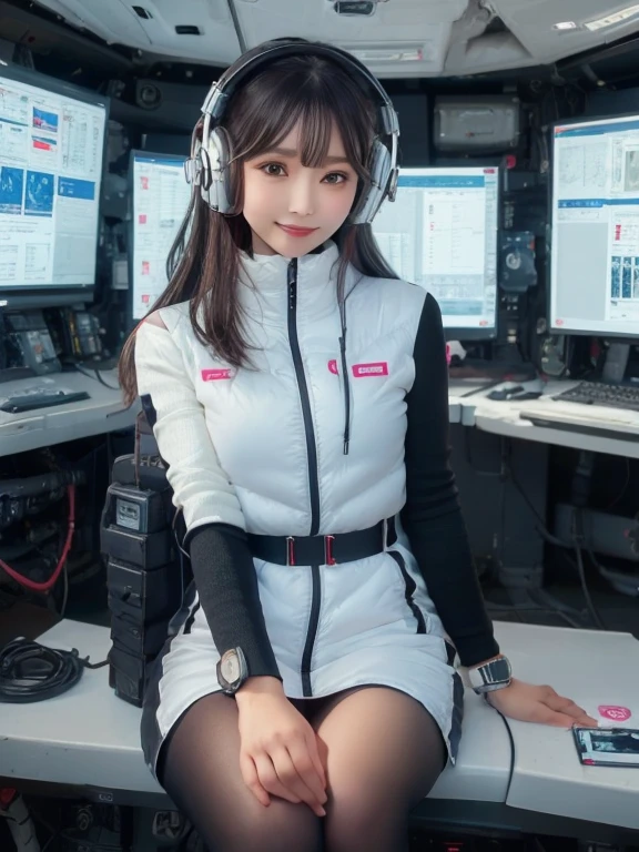 masterpiece, highest quality, Very detailed, 8K Portrait,Japanese Android Girl,plump , Control panel,Robotic arms and legs, Blunt bangs,,break (Metallic Gray, Metallic luster, Mirror finish, Astro Best):5,headphone:5,break (Black sleeves):100,Smart Watches,Futuristic space station,Control Room,break headphone,blue eyes,(Black Hair):2,(Long Hair):1.3,View the viewer,(respirator),break blush:3,Hidden Hand,smile