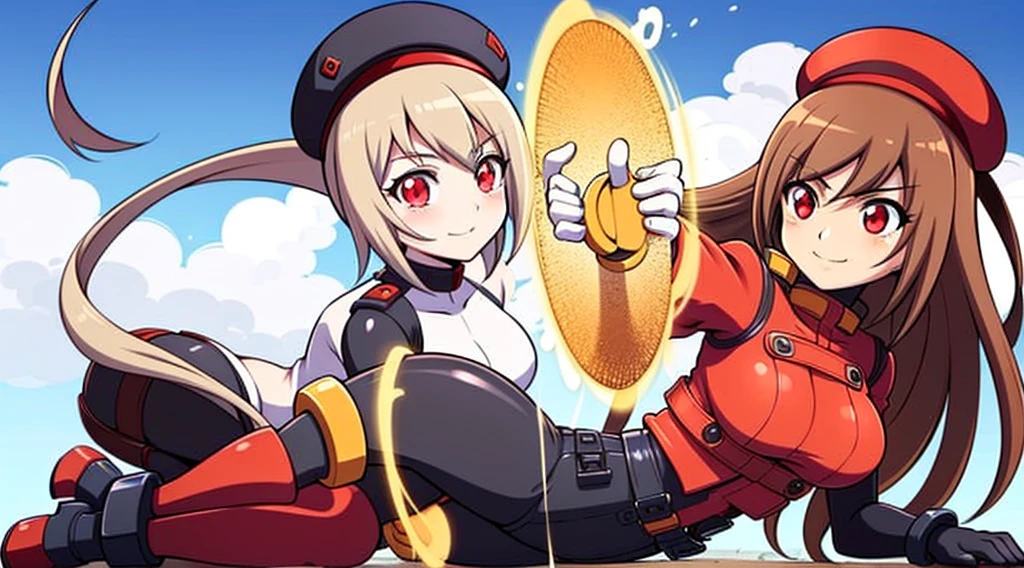 (Best quality, complete body, good anatomy, anime style) Rapi(Nikke), red eyes, light brown hair, long hair, smile, looking at you, black bodysuit, red jacket, red militar belt, black and red beret, red platform boots, no background