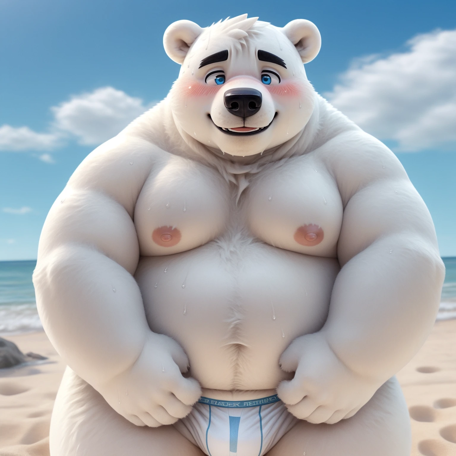 New Jersey 5 Furry,polar bear,Exquisite,topless,White briefs,Beach,sweat, blush.,Smile,Solitary,Chubby,Fat,Thick arms,Rugged muscles,White plush fur,Chubby脸,Black eyebrows,Sky blue eyes,Beard,high resolution, top quality, best quality,blush,nipples,orgasm,(sweat,SFW)
