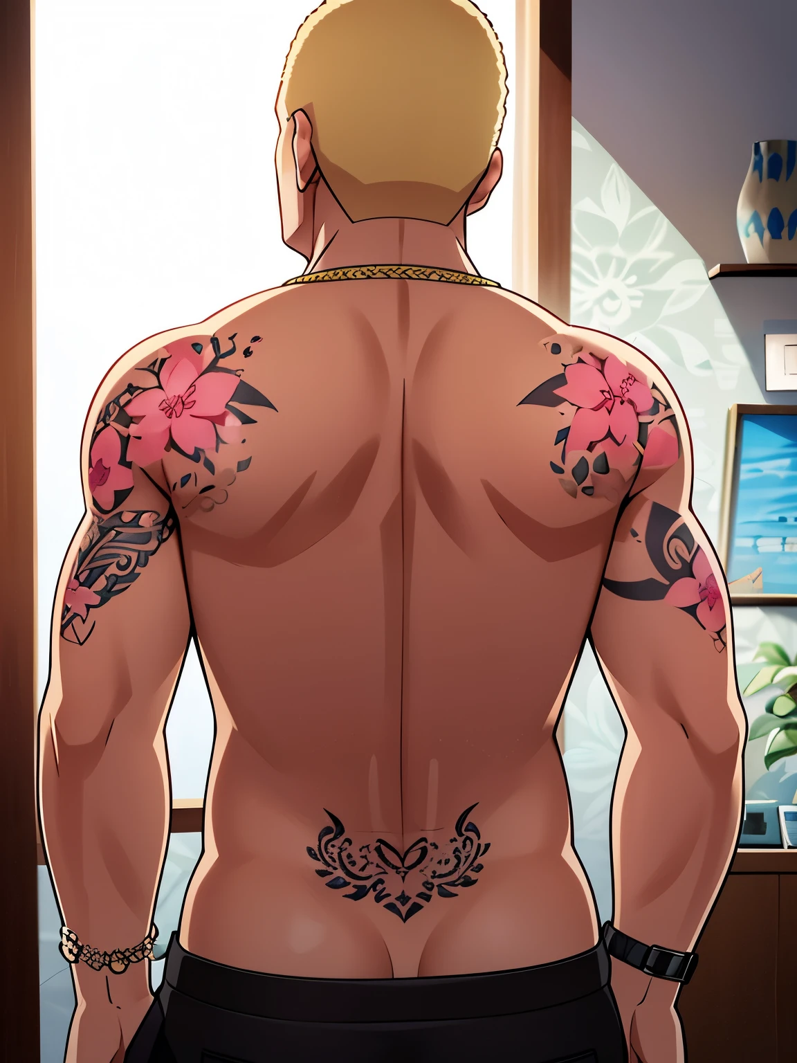 a middle-aged man with a full body tattoo, detailed tattoos covering his upper body, blonde hair, black eyes, necklace, wristwatch, cleft chin, solo shot from a slightly behind angle, natural lighting highlighting the intricate details of the tattoos, (Backpiece), (Back view), (look back),(🌺Pattern tattoo)
