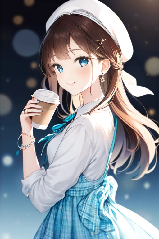 -First Love, One girl, alone, jewelry, Plaid dress, View Viewer, cup, earrings, Have, blue eyes, Long Hair, coffee cup, Plaid, shirt, disposable cup, Holding, sign, ring, hair ornaments, Holding cup, Long sleeve, Brown Hair, Upper Body, dress, neck ribbon, ribbon, bangs, Mouth closed, smile, white shirt, Yellow nails, Hair Clip, Manicure, From the side, aqua ribbon, Blurred background, beret, Plaid shirt, blue ribbon, Blurred, Brown hat, bag, chest, Plaid headwear, bracelet