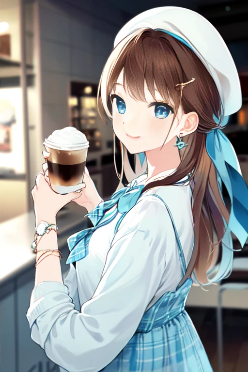 -First Love, One girl, alone, jewelry, Plaid dress, View Viewer, cup, earrings, Have, blue eyes, Long Hair, coffee cup, Plaid, shirt, disposable cup, Holding, sign, ring, hair ornaments, Holding cup, Long sleeve, Brown Hair, Upper Body, dress, neck ribbon, ribbon, bangs, Mouth closed, smile, white shirt, Yellow nails, Hair Clip, Manicure, From the side, aqua ribbon, Blurred background, beret, Plaid shirt, blue ribbon, Blurred, Brown hat, bag, chest, Plaid headwear, bracelet