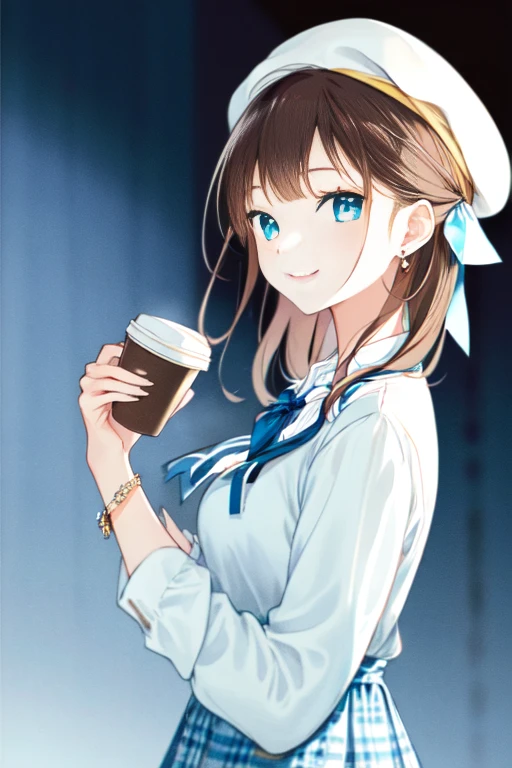 -First Love, One girl, alone, jewelry, Plaid dress, View Viewer, cup, earrings, Have, blue eyes, Long Hair, coffee cup, Plaid, shirt, disposable cup, Holding, sign, ring, hair ornaments, Holding cup, Long sleeve, Brown Hair, Upper Body, dress, neck ribbon, ribbon, bangs, Mouth closed, smile, white shirt, Yellow nails, Hair Clip, Manicure, From the side, aqua ribbon, Blurred background, beret, Plaid shirt, blue ribbon, Blurred, Brown hat, bag, chest, Plaid headwear, bracelet