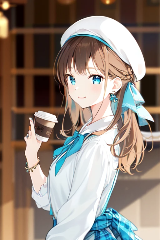 -First Love, One girl, alone, jewelry, Plaid dress, View Viewer, cup, earrings, Have, blue eyes, Long Hair, coffee cup, Plaid, shirt, disposable cup, Holding, sign, ring, hair ornaments, Holding cup, Long sleeve, Brown Hair, Upper Body, dress, neck ribbon, ribbon, bangs, Mouth closed, smile, white shirt, Yellow nails, Hair Clip, Manicure, From the side, aqua ribbon, Blurred background, beret, Plaid shirt, blue ribbon, Blurred, Brown hat, bag, chest, Plaid headwear, bracelet