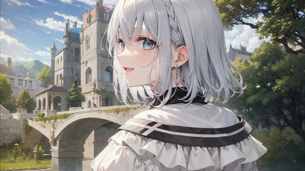 Her eyes were shining、Mysterious and enchanting atmosphere。With AI Painting、とてもShort Hair, Long bangs between the eyes, Grey Eyes , Very detailed,(masterpiece、highest quality)、alone、Gray Hair、Fantasy, Silver Hair, Beautiful Eyes,Ecstasy, charm, attract the audience, Fantasyな風景、White shirt、smile、Open your mouth、Scarf、short hair、Short Hair、hairpin、Dark Eyes
