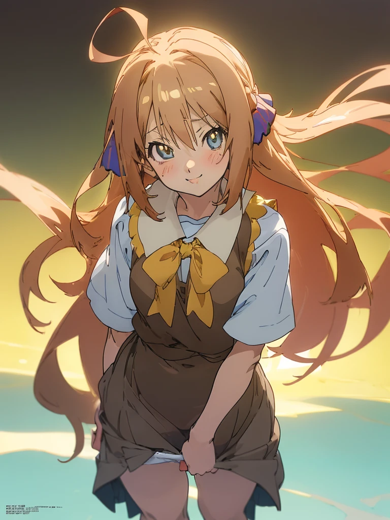 (Anime:1.8), megami magazine, 1girl, idol, cute face, , 12-yo, not safe for work,
standing, Glowing light brownish-yellow with hair, blue pupils, droopy eyes:1.4, big eyes:1.8, long hair, Big hair ribbon, white ruffle shirt, brown vest, brown layered miniskirt, (((no panties))), (((bare twat))), line of the twat, (panties pull, white panties that wrap around the knees:1.1), sweet girl, smile, beautiful fingers, perfect hands,