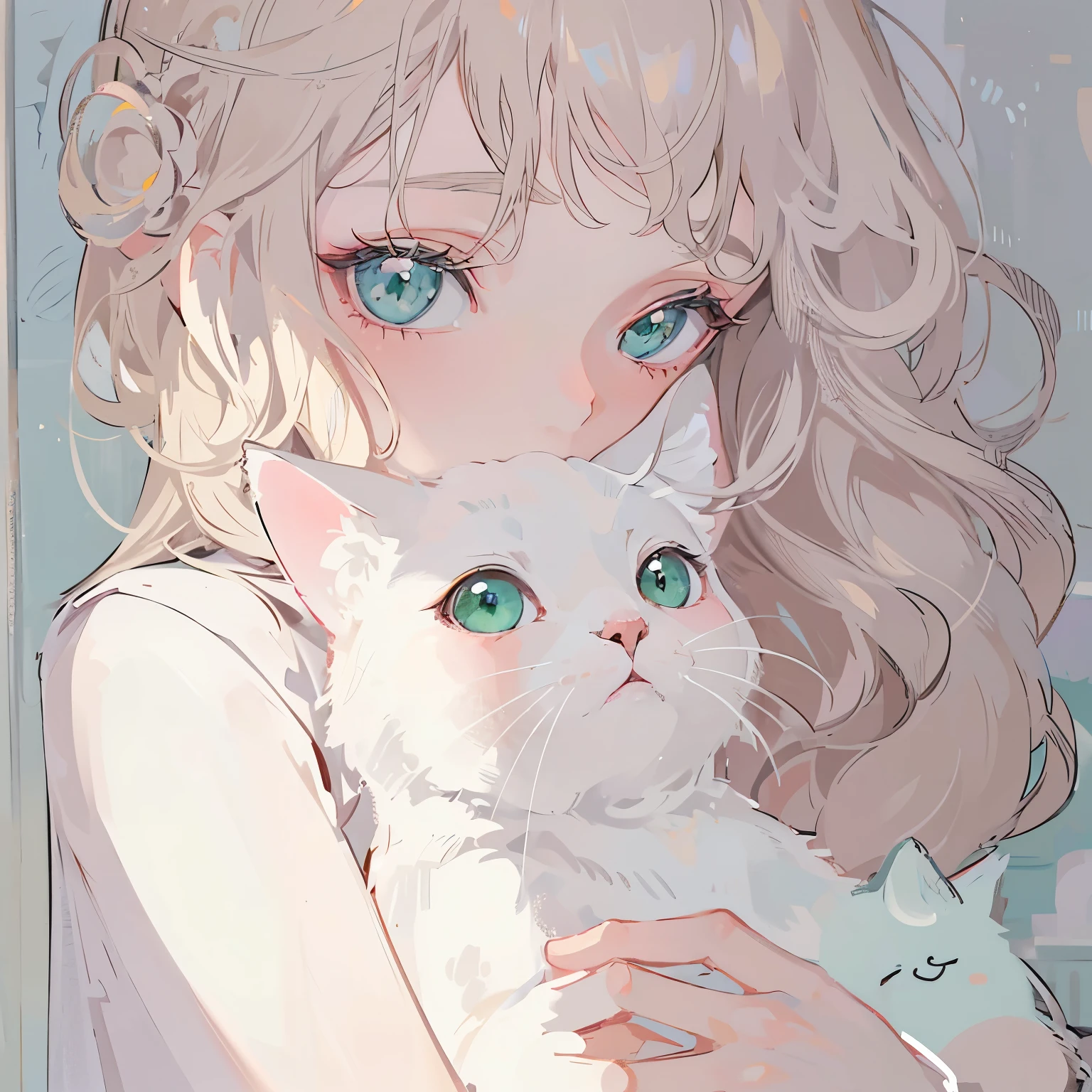 A beautiful, serene half-body illustration of a young woman with light blonde, wavy hair holding a white cat. The woman has green eyes and delicate features, looking gently at the viewer. The cat has green eyes, adding to their harmonious appearance. The background is soft and minimalistic, with a warm, calming color palette. The scene is a close-up shot, focusing on the woman's upper body and face, with the cat nestled comfortably in her arms. The overall style should be consistent with a warm, peaceful, and gentle atmosphere.
