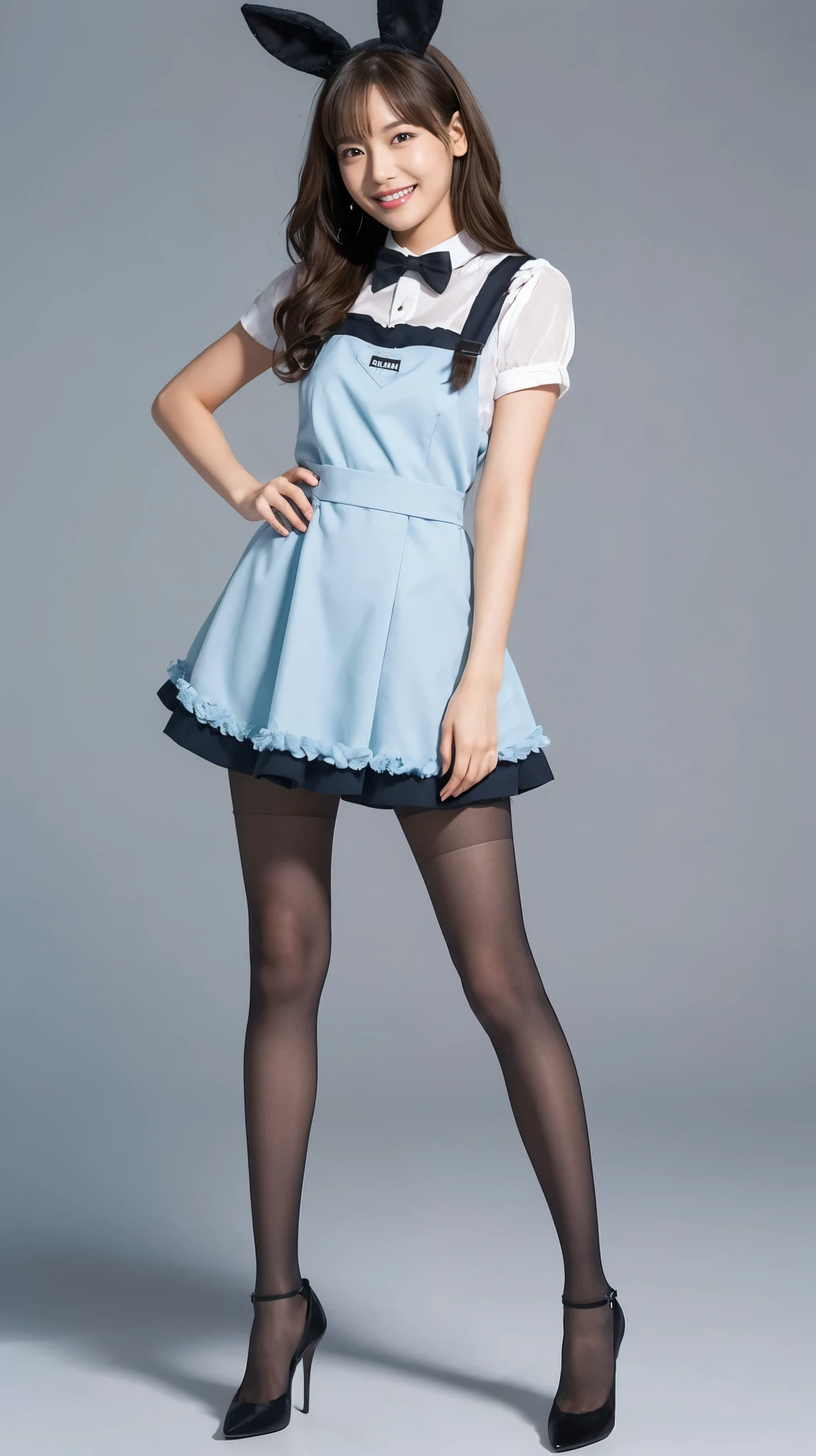 Bunny girl in light blue maid outfit:1.5,Wearing light blue tights:1.5,The best smile:1.5,Full Body Shot:1.5,Gray background:1.5,Wearing black high heels:1.5,Short cut side wave:1.5,