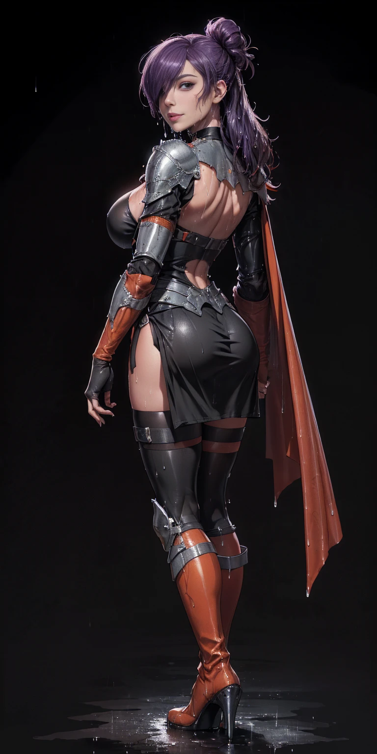 (Best quality, BLACK BACKGROUND, 4k, Masterpiece:1.3) (1soloMILF Shez hair over one eye) choker, armor, cape, black dress, single glove, thigh highs, armored legwear, orange boots, from side, standing, whole body, looking at viewer, smile, closed mouth, ebony skin, beautiful woman, hyper realistic ((turned back)) (drooping breasts, attractive body :1.2) (wet rainy, wet by rain, wet body :1.2), ultra-detailed face, detailed lips, detailed eyes, double eyelid