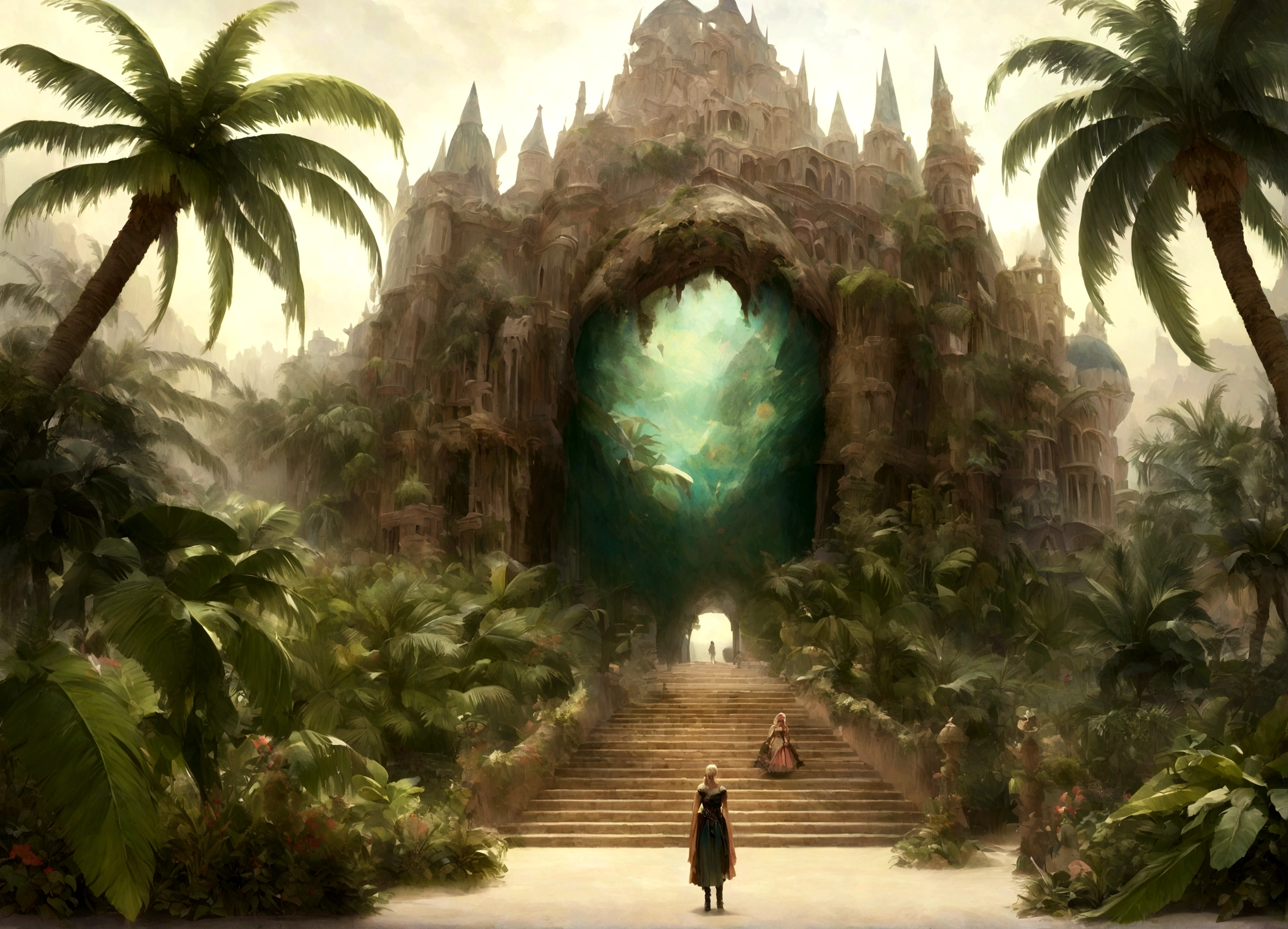 Deep in the vast desert，Hidden is a mysterious oasis，Emerald palm trees and clear springs ，It&#39;s like a wonderland on earth，Realistic，