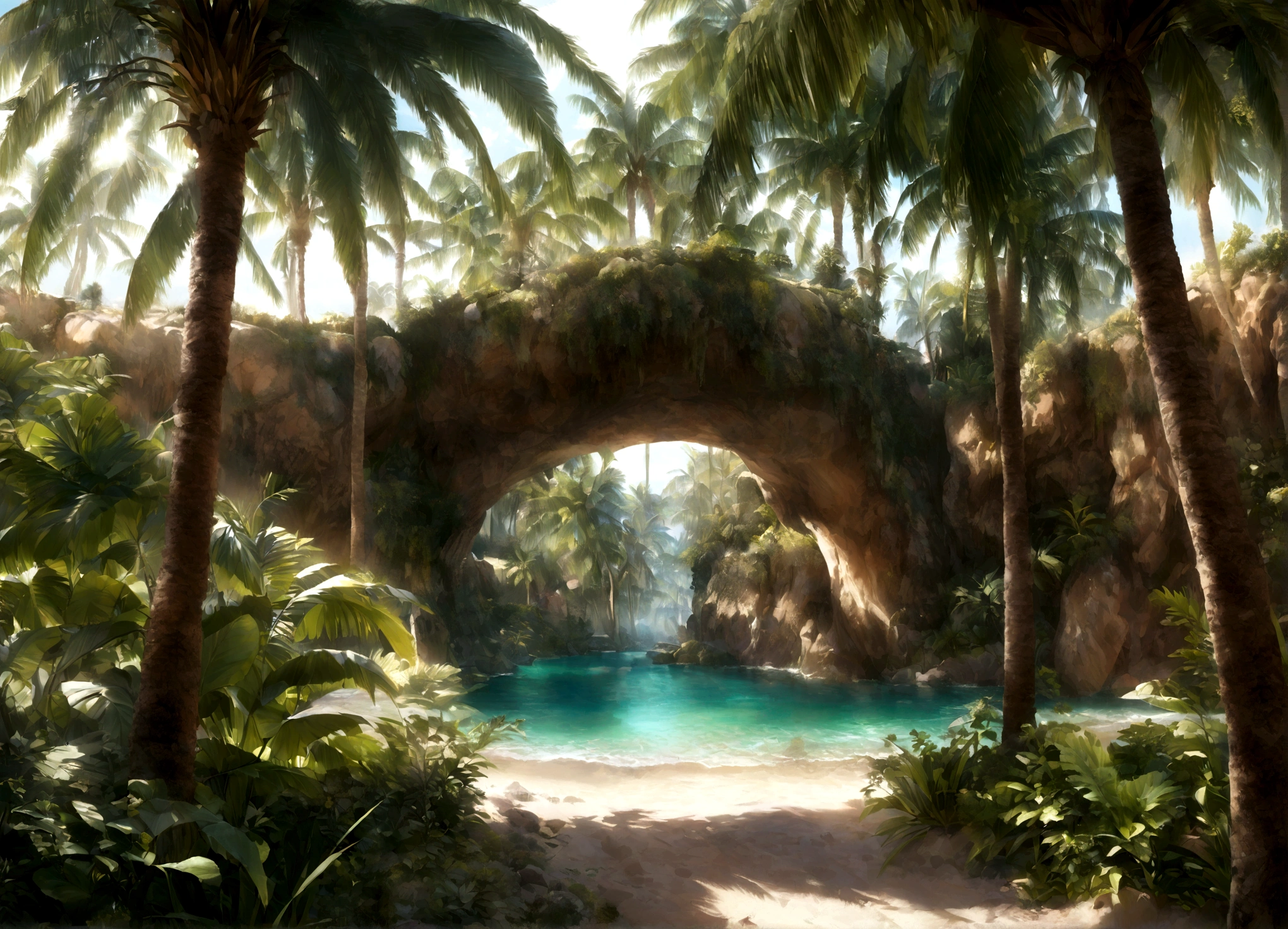 Deep in the vast desert，Hidden is a mysterious oasis，Emerald palm trees and clear springs ，It&#39;s like a wonderland on earth，Realistic，