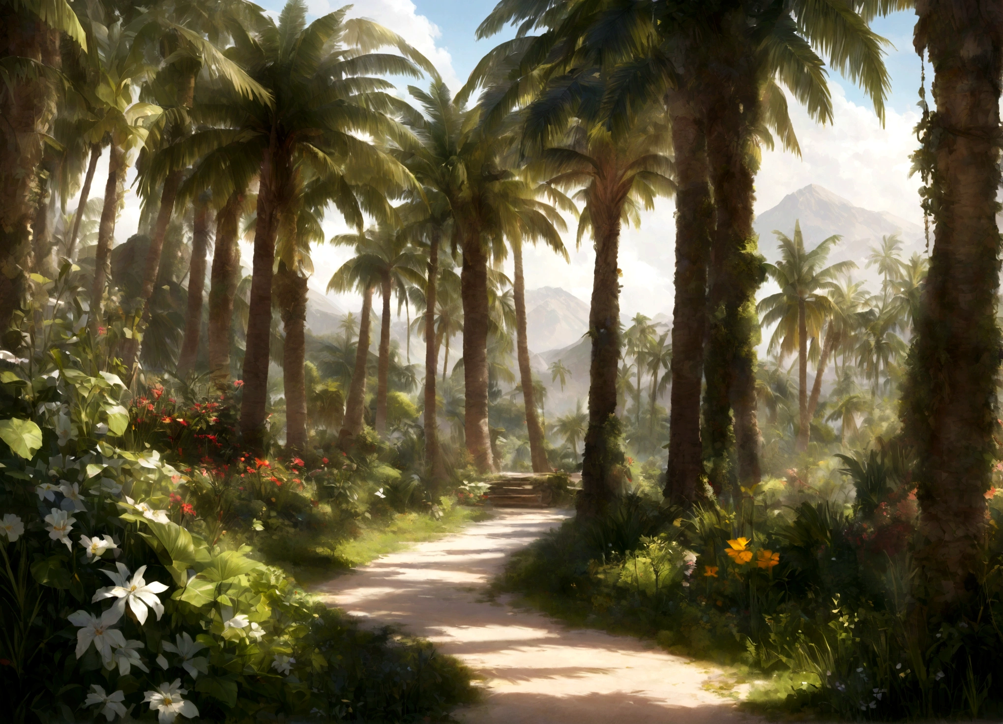 Deep in the vast desert,Hidden is a mysterious oasis,Emerald palm trees and clear springs ,It's like a wonderland on earth,Realistic,