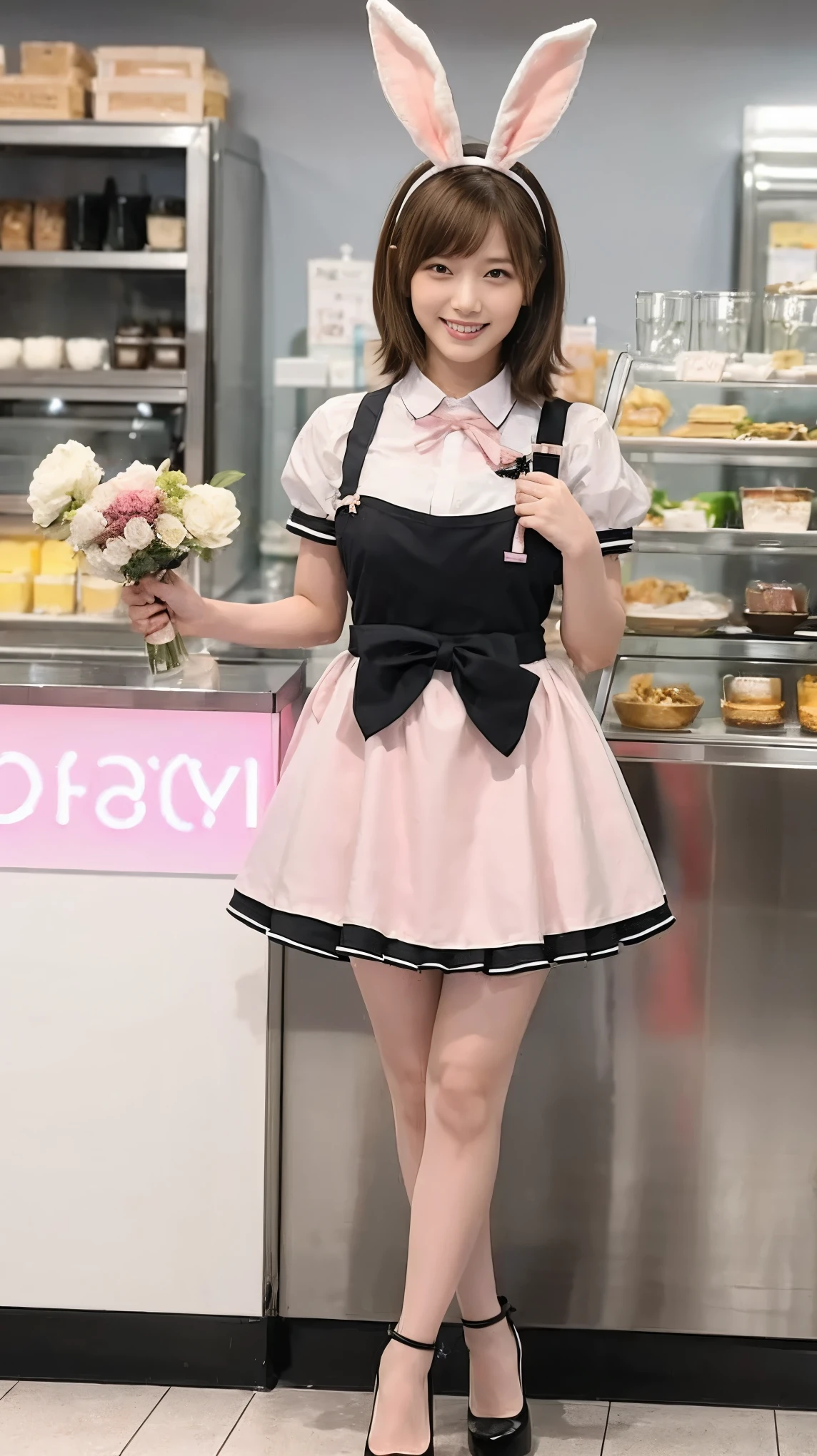 A bunny girl in a light pink maid outfit working at a maid cafe:1.5,The best smile:1.5,Full Body Shot:1.5,Gray background:1.5,Wearing black high heels:1.5,Brown hair, short cut, side wavy:1.5,Similar to Tsubasa Honda:1.5