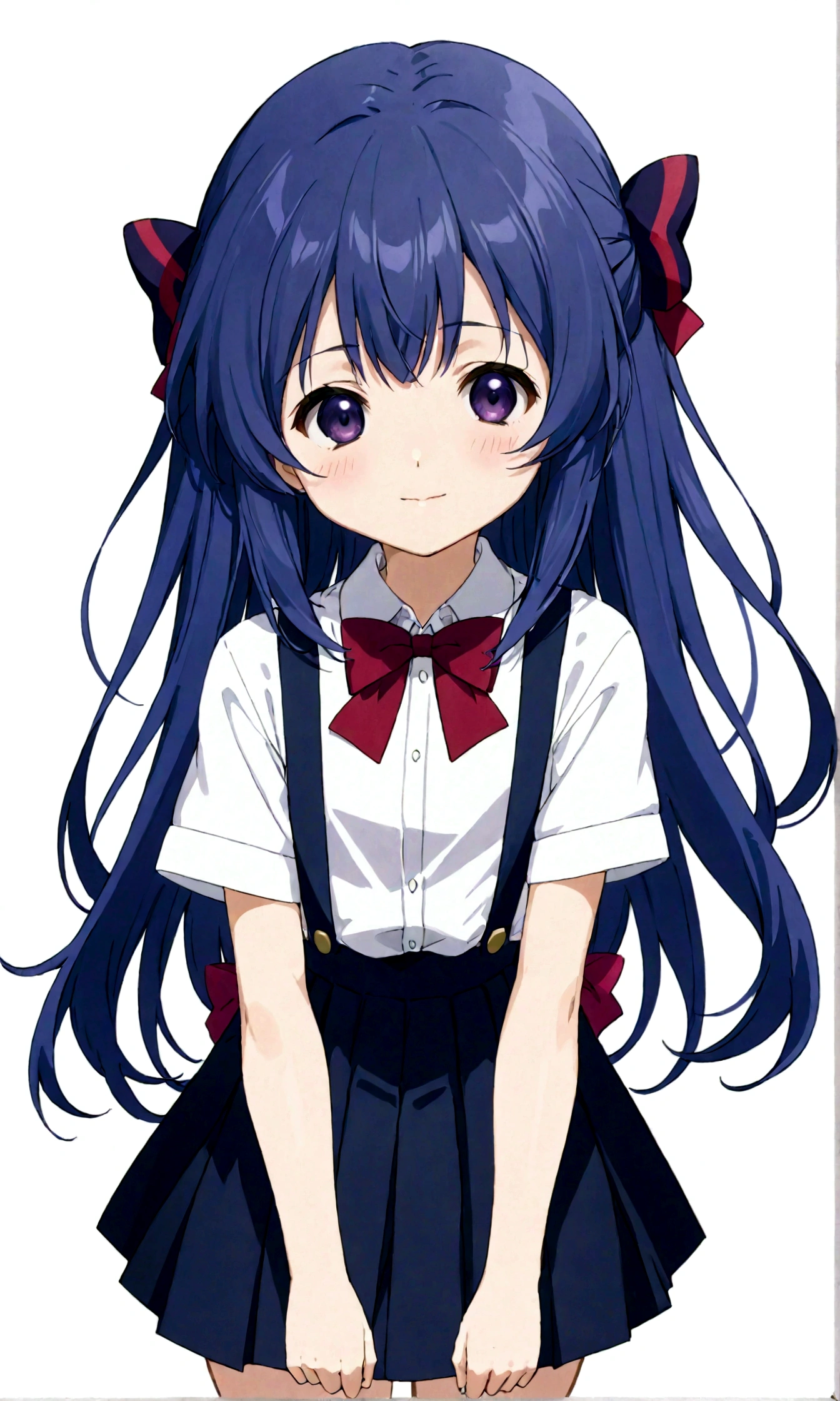 score_9,score_8, score_8_up, BREAK 1girl, solo, furude rika, (tween), kawaii, blue hair, purple eyes, long hair, blunt bangs, bangs,straight-on, simple background, white background, bow, skirt, shirt, suspenders, smile, short sleeves, pleated skirt, white shirt, open mouth, :d, red bow, facing viewer,^_^,smug, suspender skirt, , black skirt, collared shirt, blush, bowtie, blunt bangs, dress shirt,masterpiece, best quality, source_anime,anime screencap,anime coloring,standing,fullbody,v-arms ,