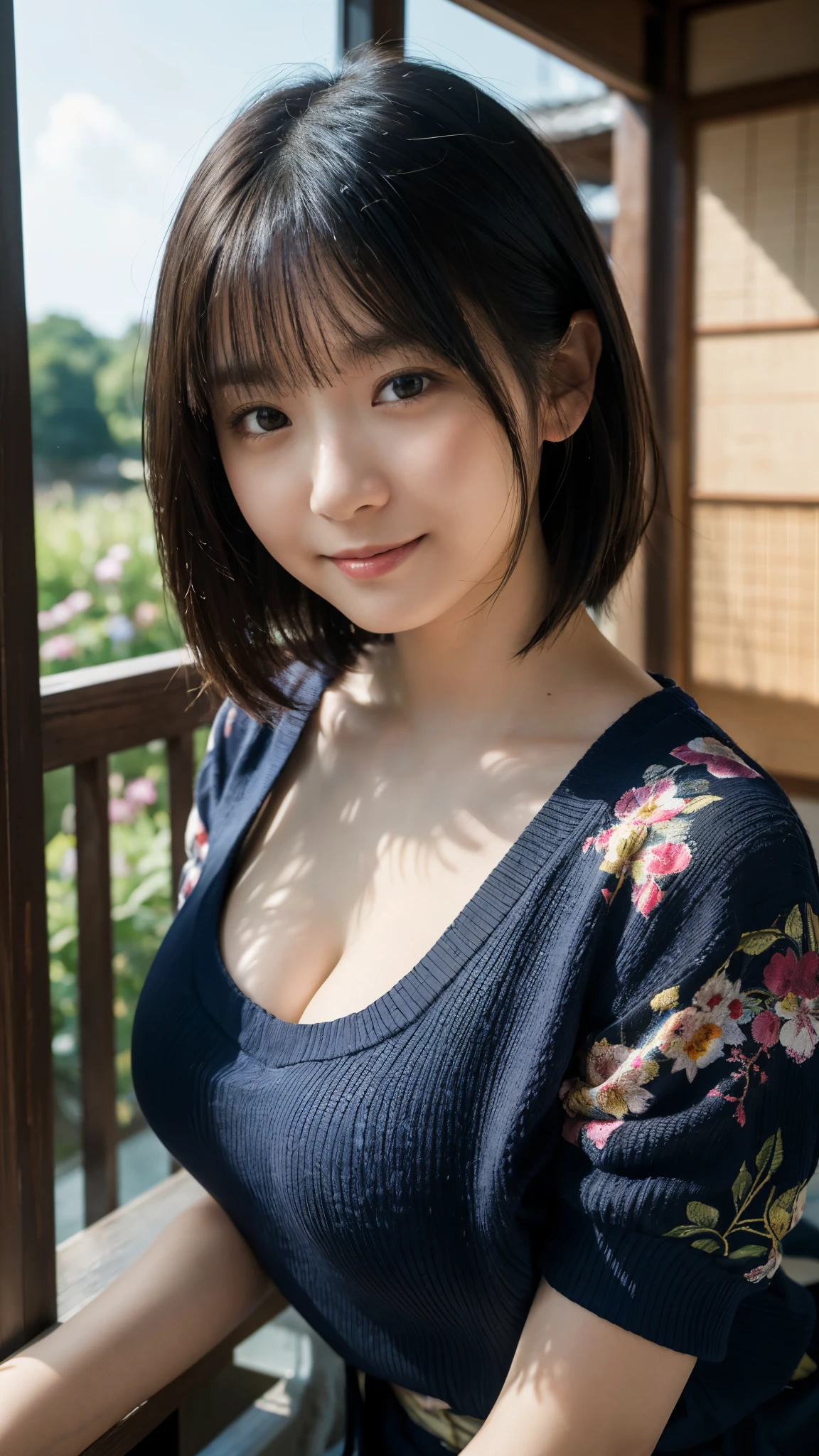 (highest quality,masterpiece:1.3,Ultra-high resolution),(Super detailed,Caustics,8k), (Photorealistic:1.4, RAW shooting),dusk,Sunset sky,Inside the Japan house,Japanese,20-year-old,smile,Black Hair Middle Hair,(Blue short-sleeved summer knit),Big Breasts,Bust up shot,Natural light,(High Position),(High angle)