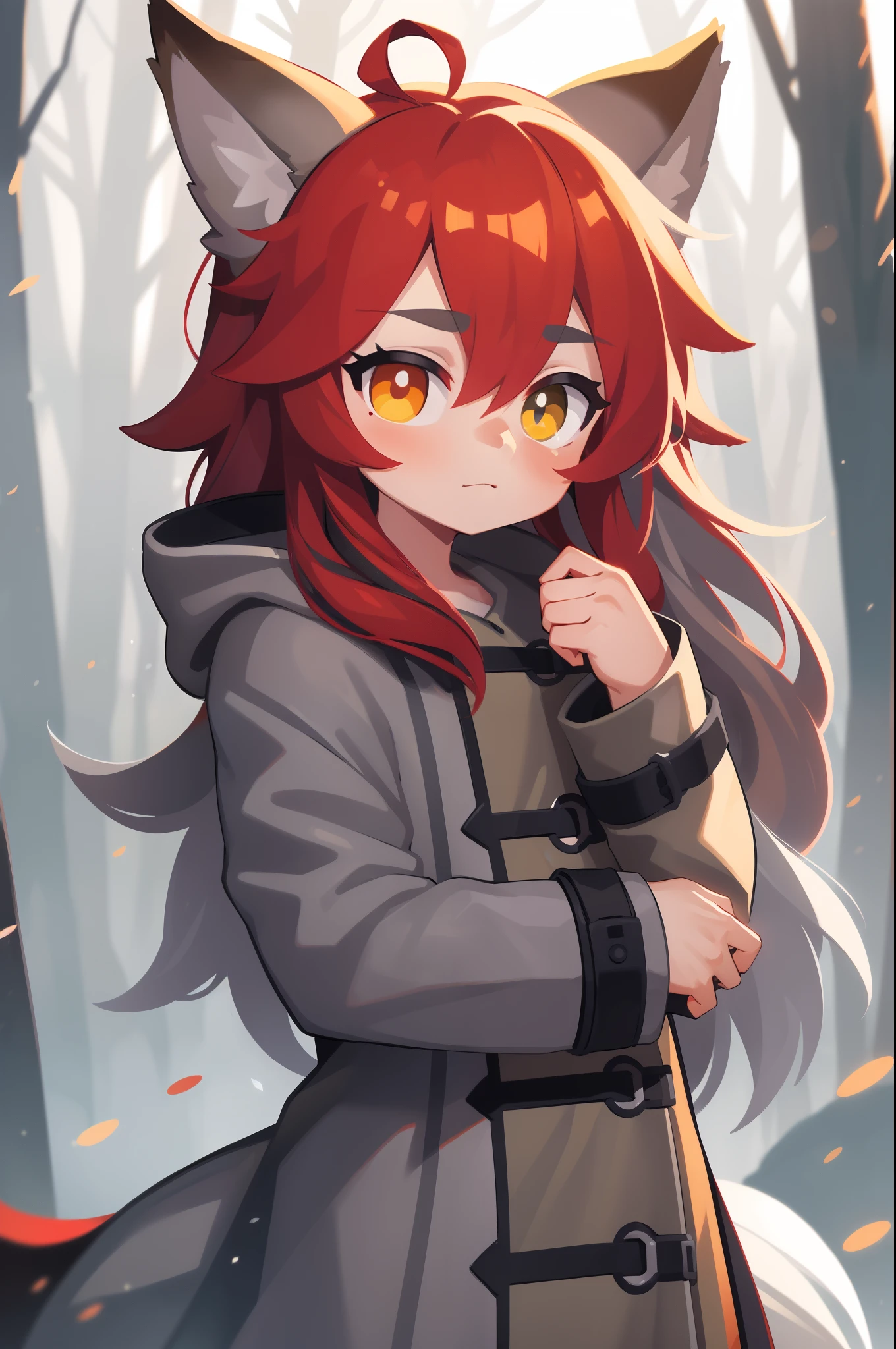 (best quality:1.5), (detailed:1.5), 1boy, red hair, long hair, heterochromia, green eye, yellow eye, eyes with vertical pupil, (Grey coat:1.5), fox ears, fox tail, enchanted forest background, soft lighting