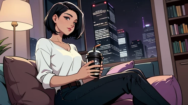 Beautiful woman in her 30s with short black hair is sitting on the sofa holding starbucks coffee. Looking down, LOFI girl, alone in the room, V-neck white blouse, cozy wallpaper, big cushion, bookshelf, relaxing mood, night core, cozy, wide glass window with skyscrapers, outside view at night, only five fingers, purple wall, black Eyes