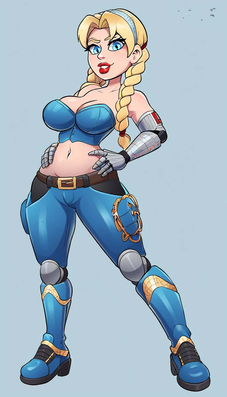 A sexy girl with a big chest, blonde hair, long braids, her blue eye, her red lip, she wears a metallic blue corset, shows her navel, and metallic blue pants, light blue boots, light blue metallic gloves. 