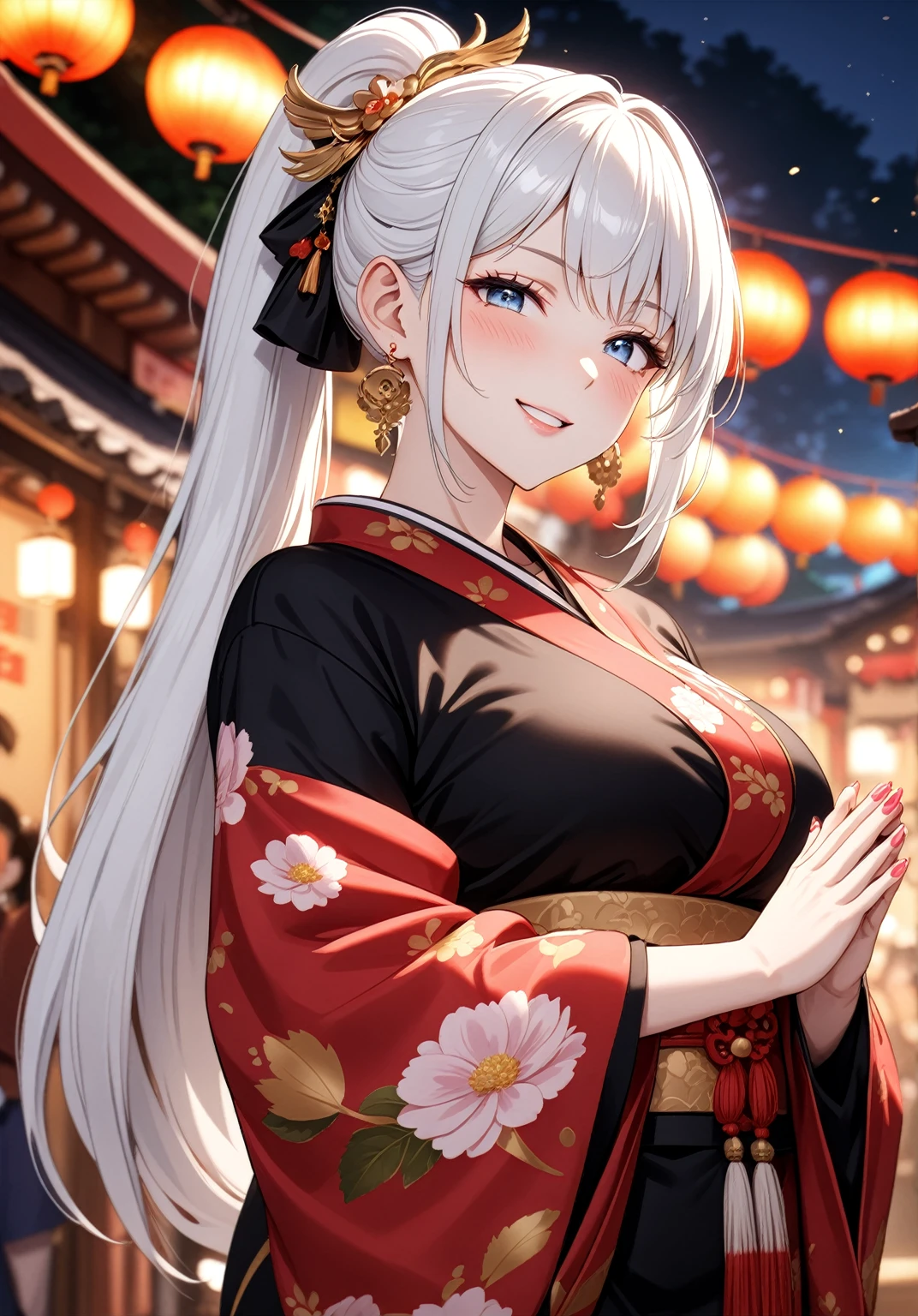 ((one personの女性)), Beautiful Face,Laugh shyly,((Wink:1.9)),Laughing with your mouth open,turn bright red,Glossy pink lips,night,Shrine festival stalls,((Anime style background)),masterpiece, highest quality, so beautiful, up to date, Complex details, (Pink long nails),AI-generated, Complex,High resolution, highest quality, super high quality,3D Images、View your audience、3D Images,one person,Long white hair,High Ponytail,blue eyes,Anime woman posing for a photo, [[Fine grain、Colorful eyes、Shining Eyes:1.15]],(Squint your eyes:1.1),a hyperRealistic , hyperRealistic , Realistic,Long haired white haired anime woman, Smooth anime CG art, A woman in a colorful kimono with gold embroidery, (Black kimono),Red floral pattern,Long flower hair ornament,Big earrings,(Big Breasts:1.1),Mature Body,tall,Big Ass,Fine details,Tight waist,Abdominal muscles,(Face close-up:1.5),Tilt your face,Shooting from an angle,Praying with hands together,