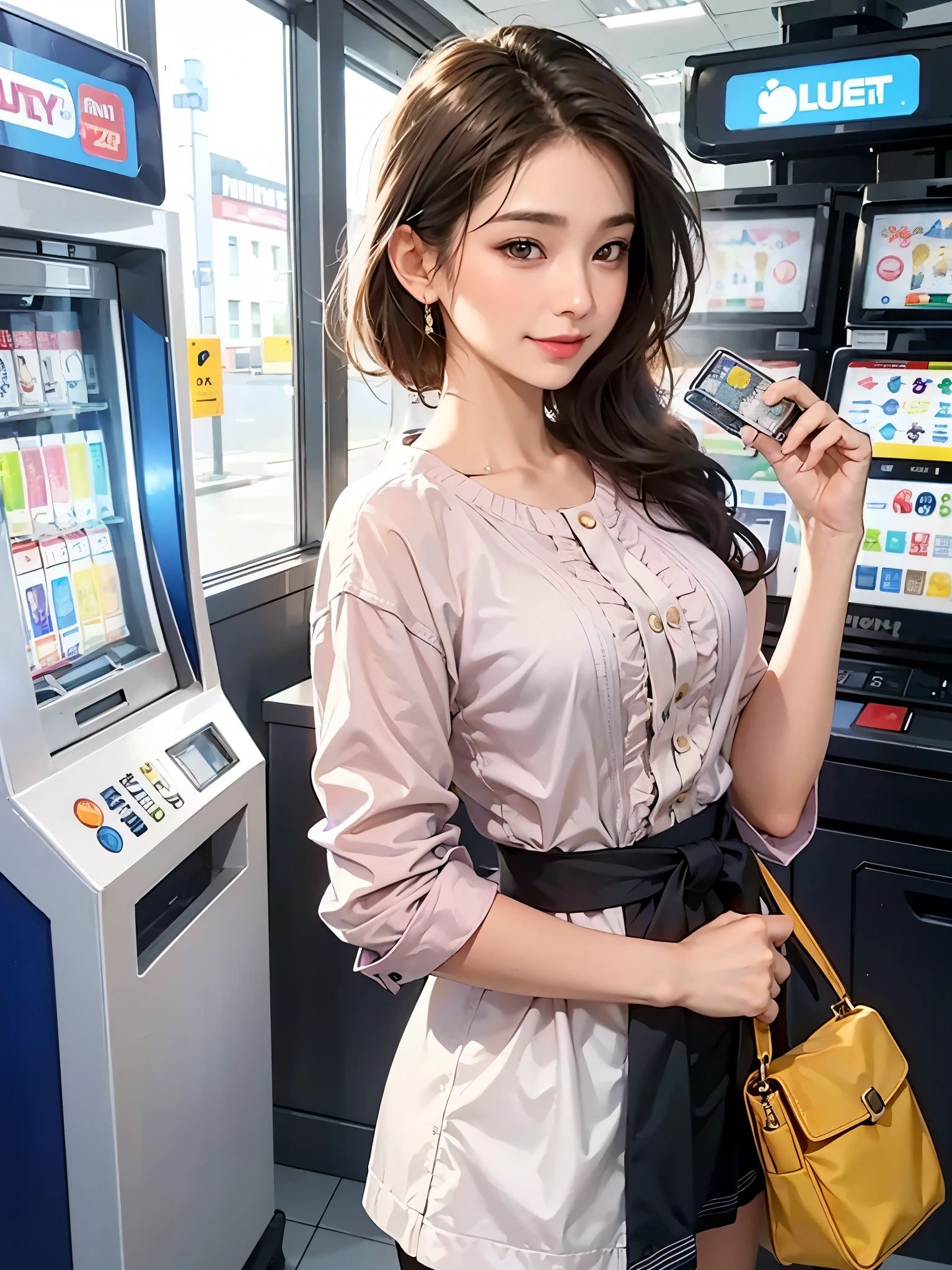best quality,outstanding,A woman standing in front of a lottery machine,Lottery ticket in hand,Looking at the lottery ticket with a smile,Casual Wear,modern,HD