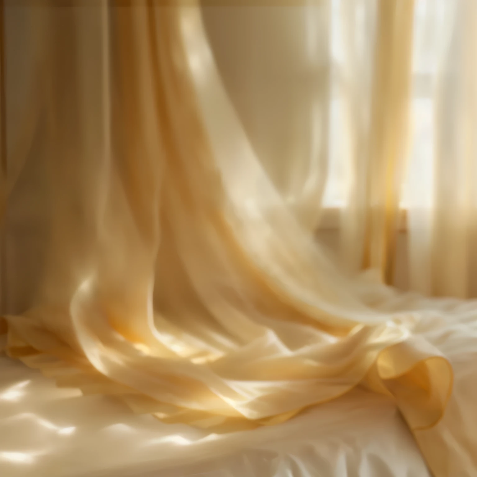 un primer plano de una cortina en una cama con una ventana al fondo, endless flowing ethereal curtains, diaphanous translucent fabric, telas transparentes, long tela fluida, ethereal curtain, diaphanous cloth, seda fluyendo en el viento, luz suave de la ventana, tela fluida, cortinas drapeadas, envuelto en oro sedoso, hermosas cortinas