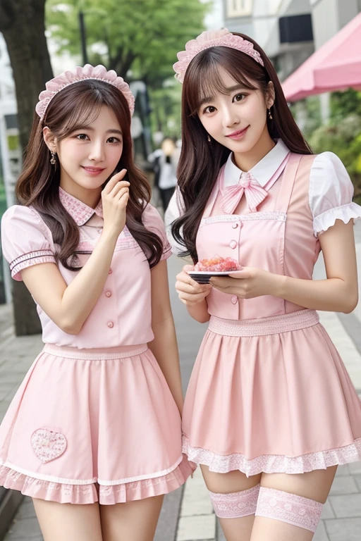 1 Arafad image of a group of Asian women posing for a photo，（pink color），cgstation trends，pink color皮膚，cgstation trends，pink color幫派肖像，January），ulzzang，（pink color），maid outfit, Trending on bbwchan, yanjun Chengt, Girls' Generation, 淡pink color膚色，summer，Short skirt，maid outfit