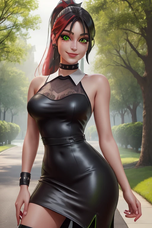 Helsie,green eyes, ponytail, wet
solo,smiling,
black dress, choker, 
in park, front, fullbody view
(insanely detailed, beautiful detailed face, masterpiece, beautiful detailed eyes, best quality),