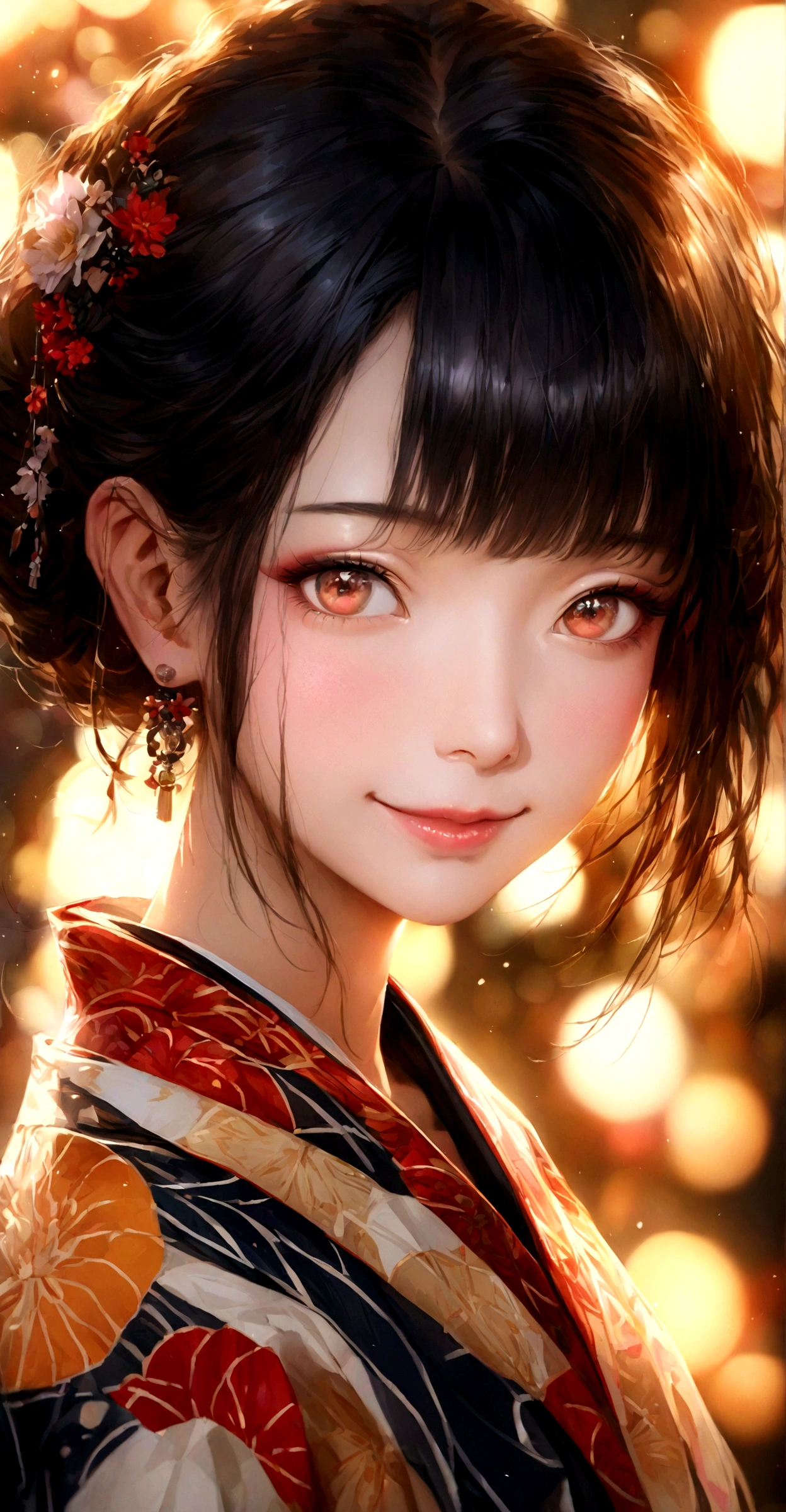 Detailed close-up shot of an elegant Japanese woman's face, adorned in a vibrant yukata with geometric patterns, at a lively summer matsuri, warm glow from festival lights, gentle smile, traditional Japanese aesthetics, hyper-realistic, stunning artwork.