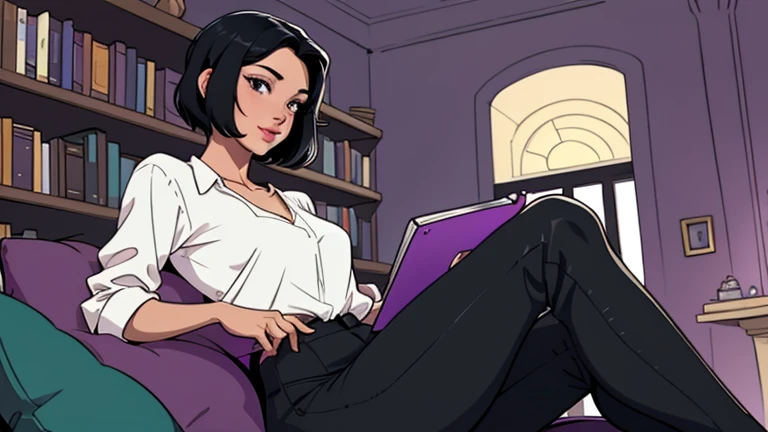 Beautiful woman in her 30s with short black hair is sitting on the sofa. Looking down, LOFI girl, alone in the room, V-neck white blouse, cozy wallpaper, big cushion, bookshelf, relaxing mood, night core, cozy, wide glass window with skyscrapers, outside view at night, only five fingers, purple wall, black Eyes, book, laptop