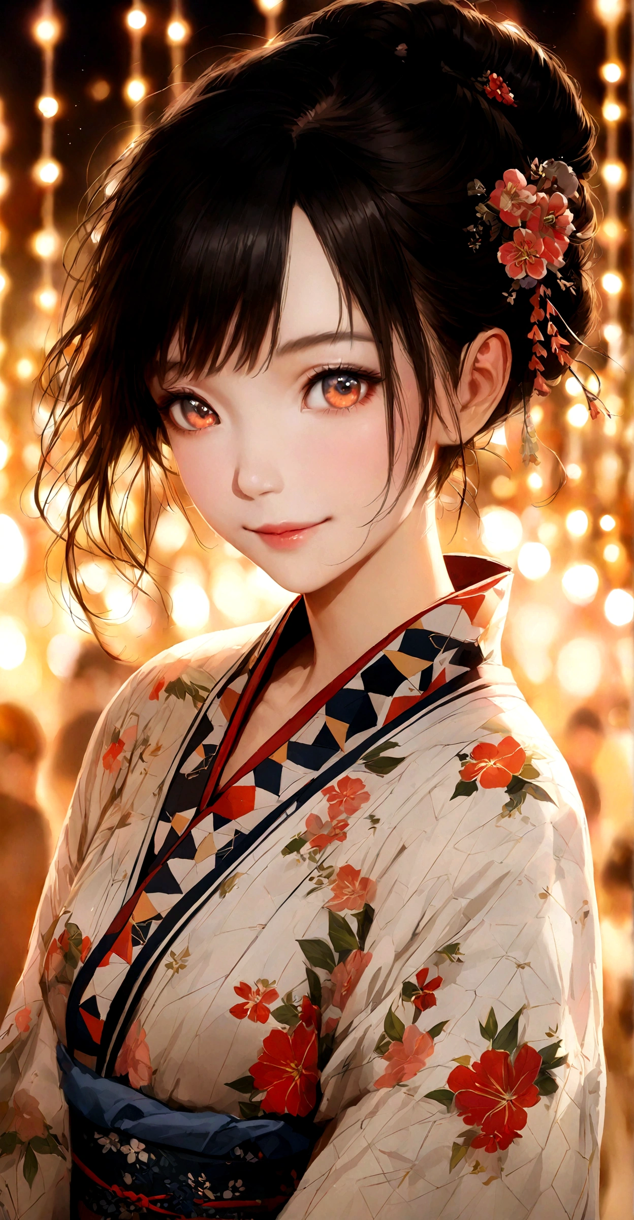 Detailed close-up shot of an elegant Japanese woman's face, adorned in a vibrant yukata with geometric patterns, at a lively summer matsuri, warm glow from festival lights, gentle smile, traditional Japanese aesthetics, hyper-realistic, stunning artwork.