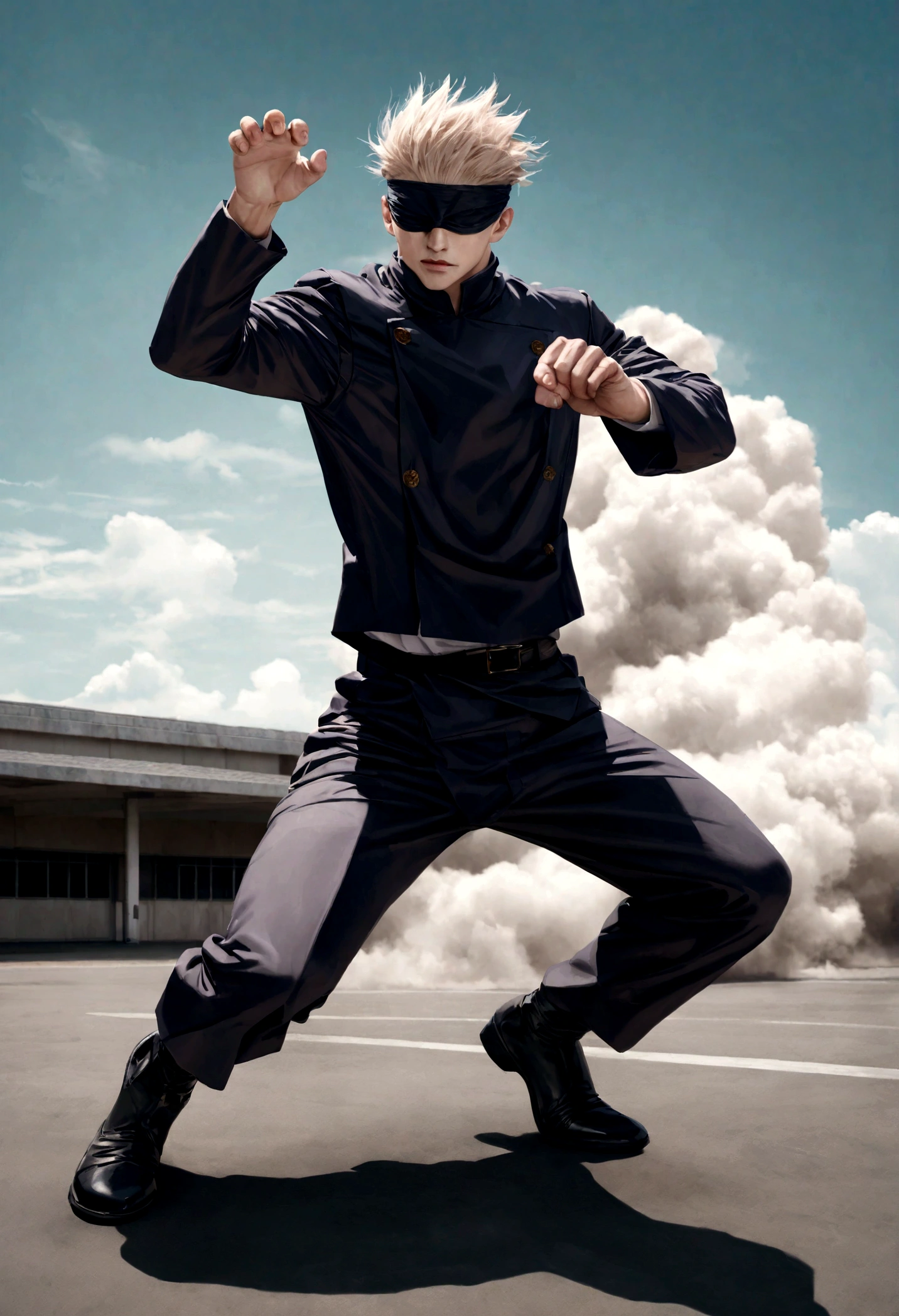 gojo satoru from the jujutsu kaisen universe, blindfolded with black cloth, powerful, imposing, combat pose, high school compound, photorealistic