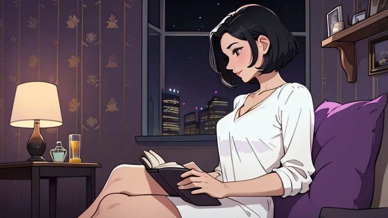 Beautiful woman in her 30s with short black hair is sitting on the sofa. Looking down, LOFI girl, alone in the room, V-neck white blouse, cozy wallpaper, big cushion, bookshelf, relaxing mood, night core, cozy, wide glass window with skyscrapers, outside view at night, only five fingers, purple wall, black Eyes, book, laptop