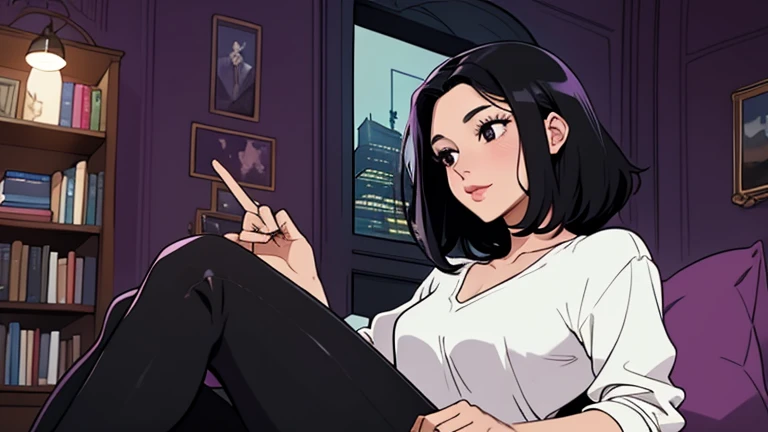 Beautiful woman in her 30s with short black hair is sitting on the sofa. Looking down, LOFI girl, alone in the room, V-neck white blouse, cozy wallpaper, big cushion, bookshelf, relaxing mood, night core, cozy, wide glass window with skyscrapers, outside view at night, only five fingers, purple wall, black Eyes, book, laptop