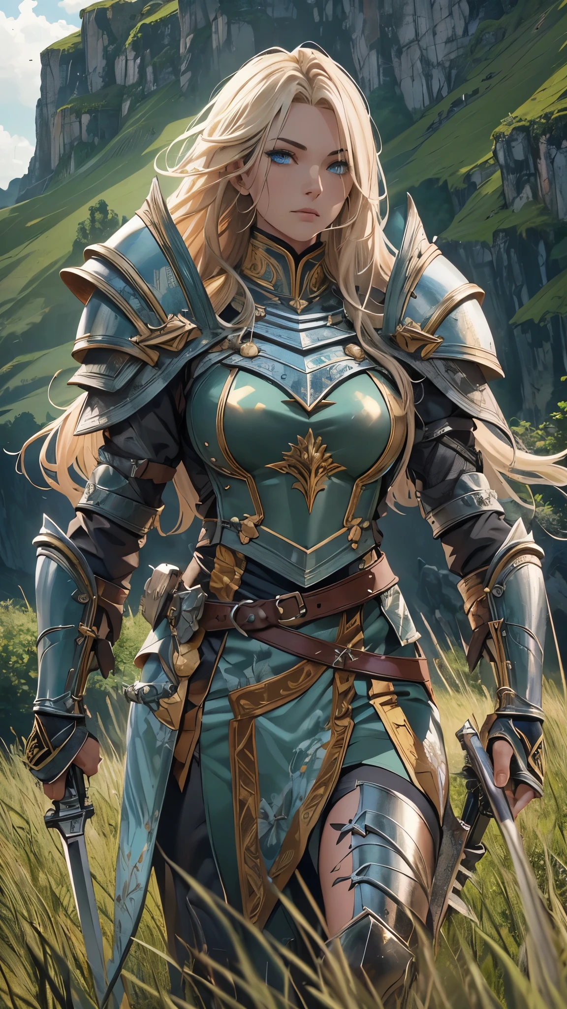 a detailed female knight commander with mesmerizing blonde long hair, wearing a bodysuit and messy battle-worn armor, holding a claymore great sword and fighting against monsters in a vast lush green grassland, (best quality,4k,8k,highres,masterpiece:1.2),ultra-detailed,(realistic,photorealistic,photo-realistic:1.37),highly detailed face and eyes,extremely detailed face,extremely detailed eyes,longeyelashes,cinematic dramatic lighting,epic fantasy landscape,dramatic cloudy sky,volumetric fog,lush green grass,detailed rocky cliffs