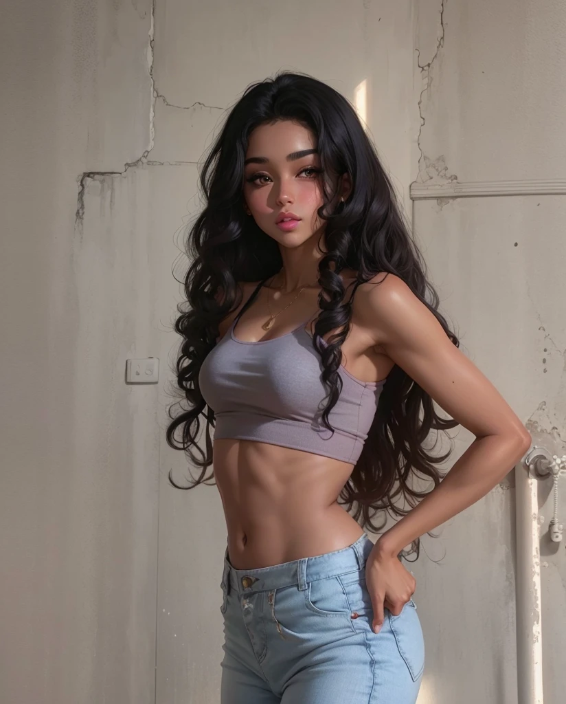 Beautiful girl , sexy slim fit body, curly black hair , crop top , gorgeous eyes , Pink lips , blushed cheeks , Soft skin , brown skin