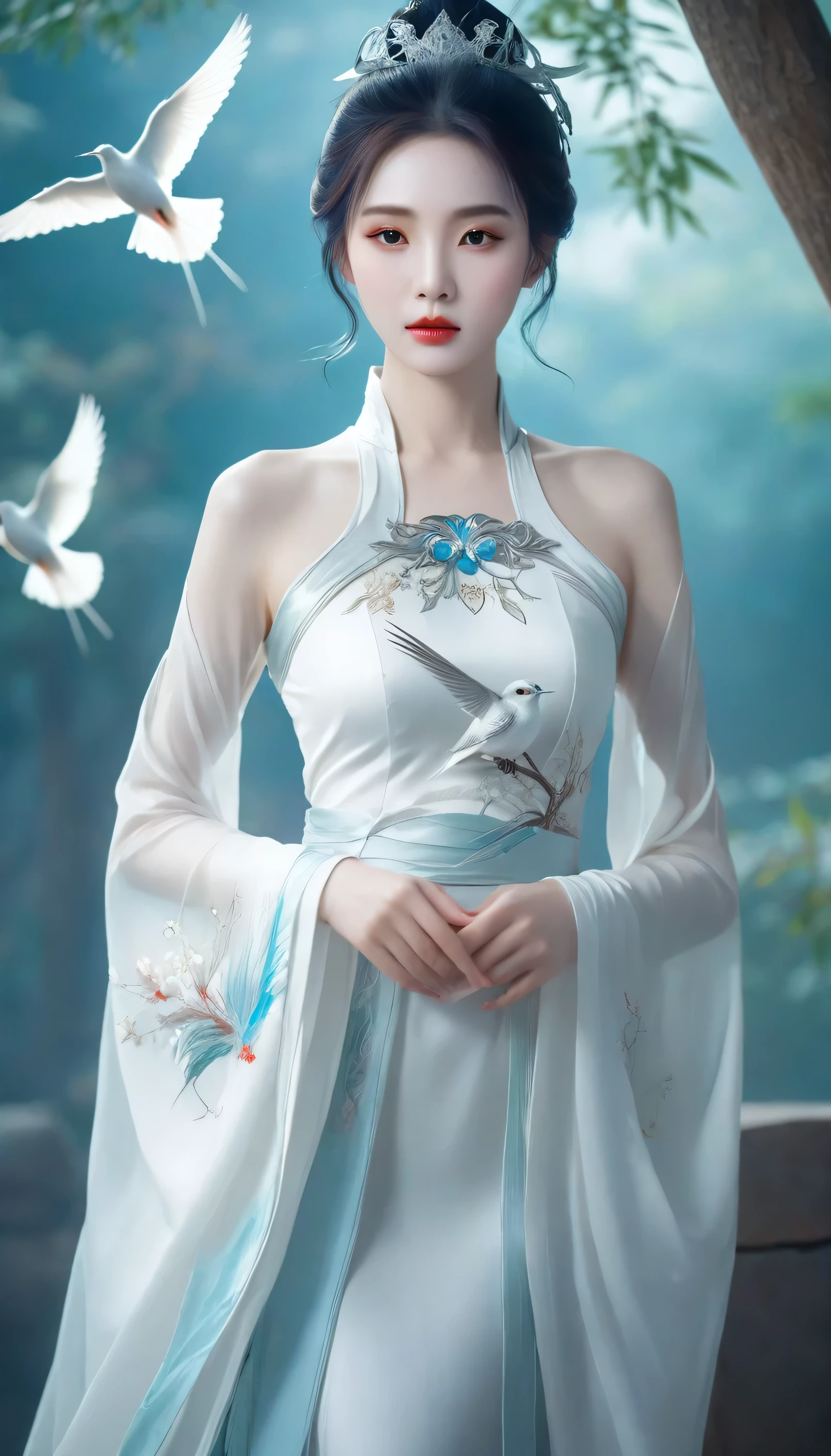 a close up of a woman in a dress with a bird in the background, xianxia fantasy, ((a beautiful fantasy empress)), ethereal beauty, white hanfu, ruan jia beautiful!, by Fan Qi, by Ye Xin, beautiful goddess, a beautiful fantasy empress, fantasy beautiful, jingna zhang, chinese style, beautiful maiden, xianxia