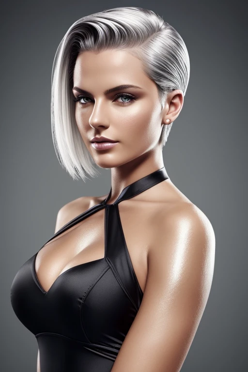 Gorgeous european woman with very short hair, short hair, wet hair, hair slicked back, combed straight back, slick hair, streaked blonde hair, seductive, viking warrior, cleavage, vintage, solid dark grey background